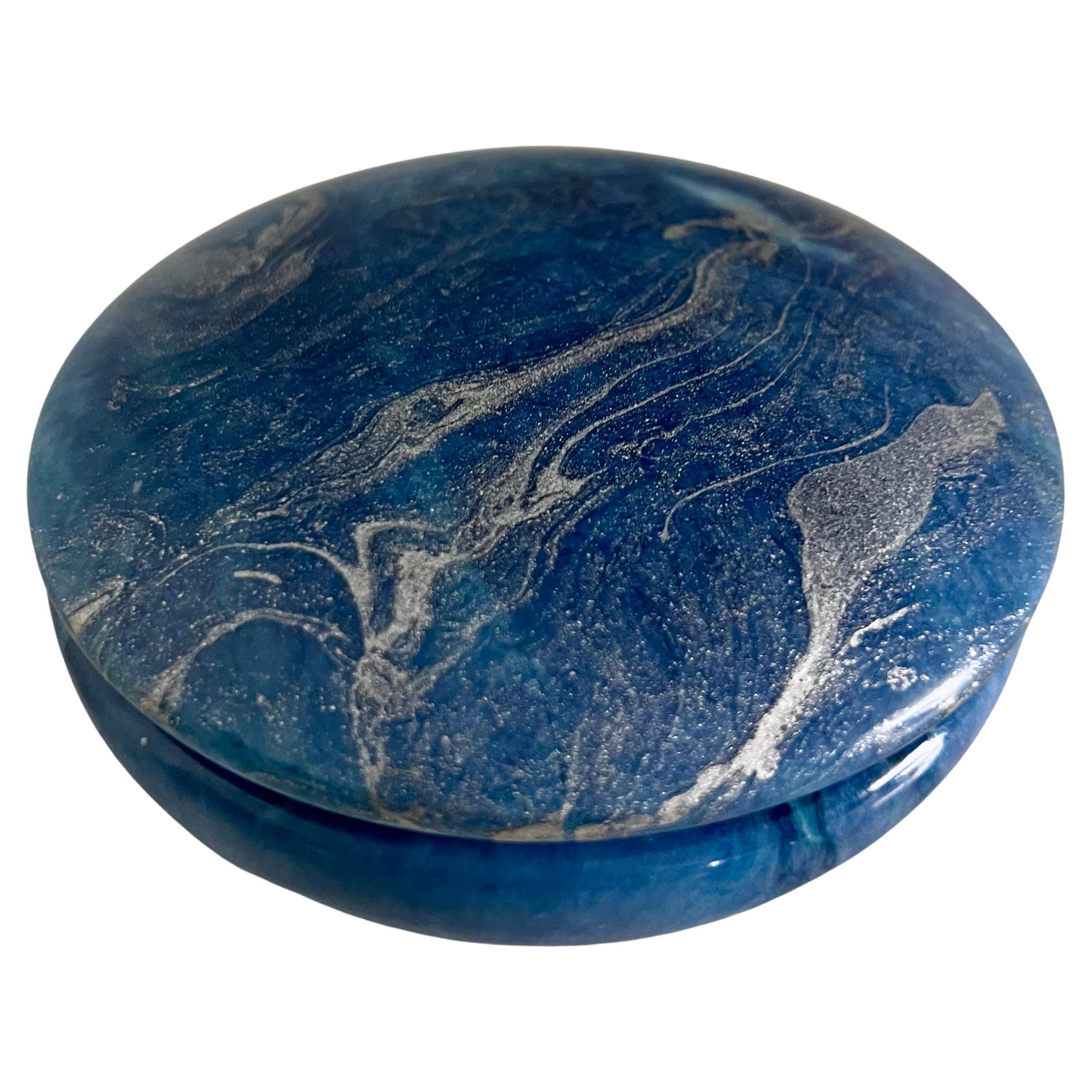 Blue Alabaster Box with Sliding Attached Round Lid For Sale