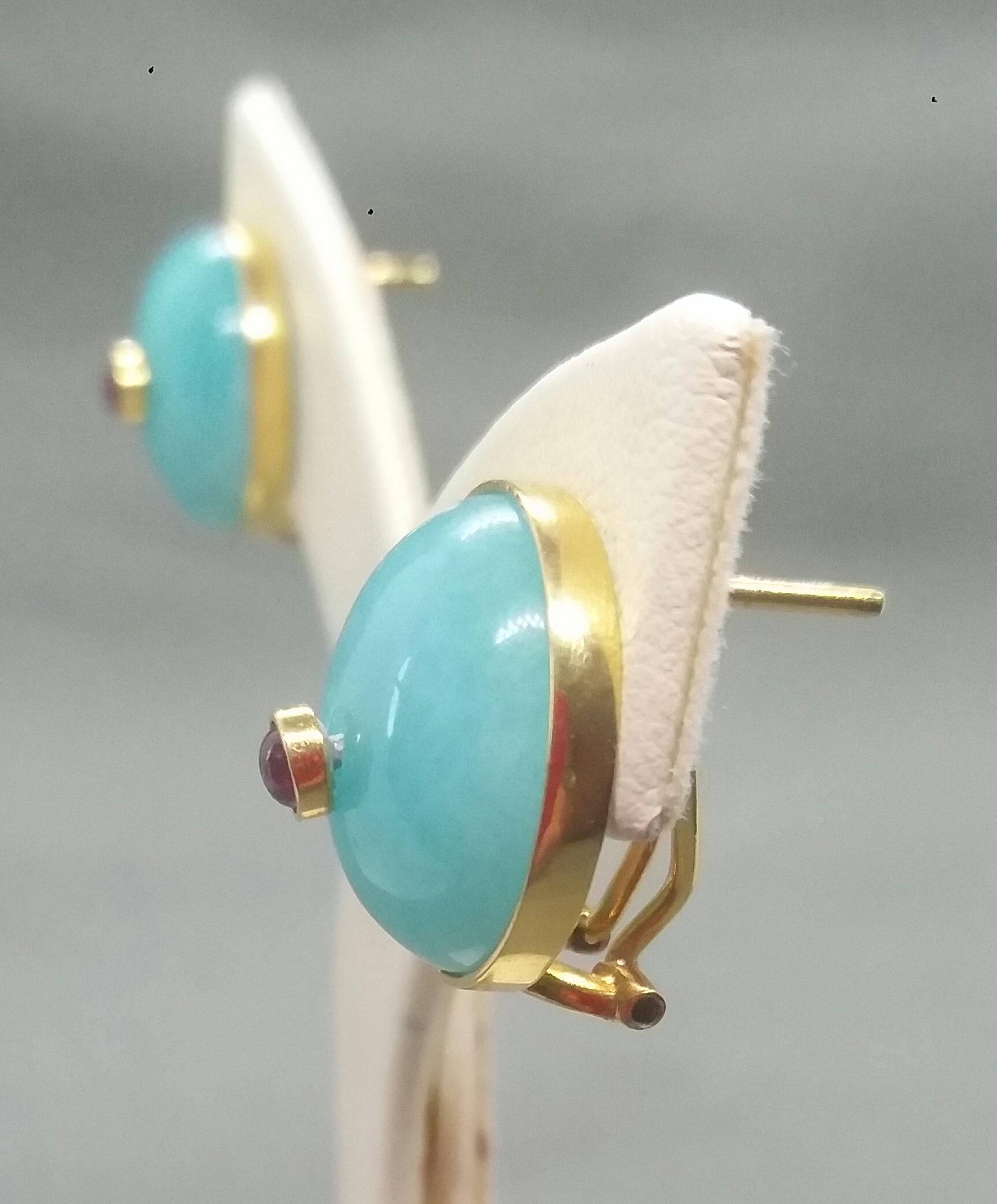 Blue Amazonite Round Cab Ruby Round Cab 14 Karat Gold Clip-On Earrings For Sale 4
