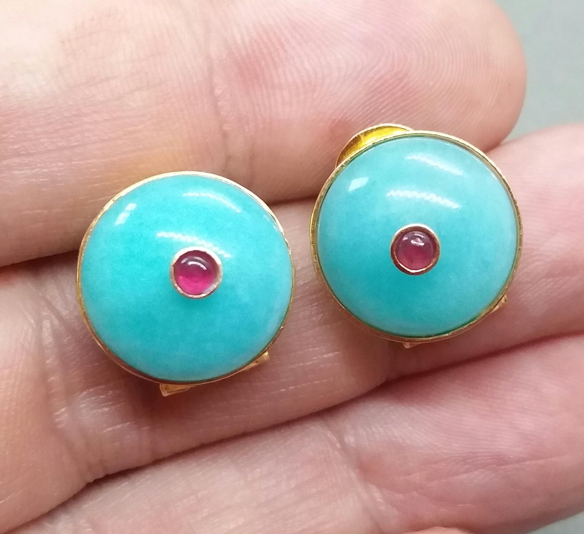 Blue Amazonite Round Cab Ruby Round Cab 14 Karat Gold Clip-On Earrings For Sale 5