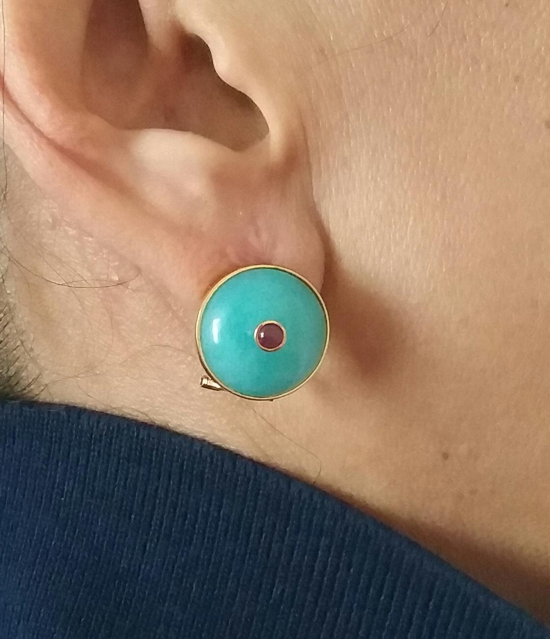 Contemporary Blue Amazonite Round Cab Ruby Round Cab 14 Karat Gold Clip-On Earrings For Sale