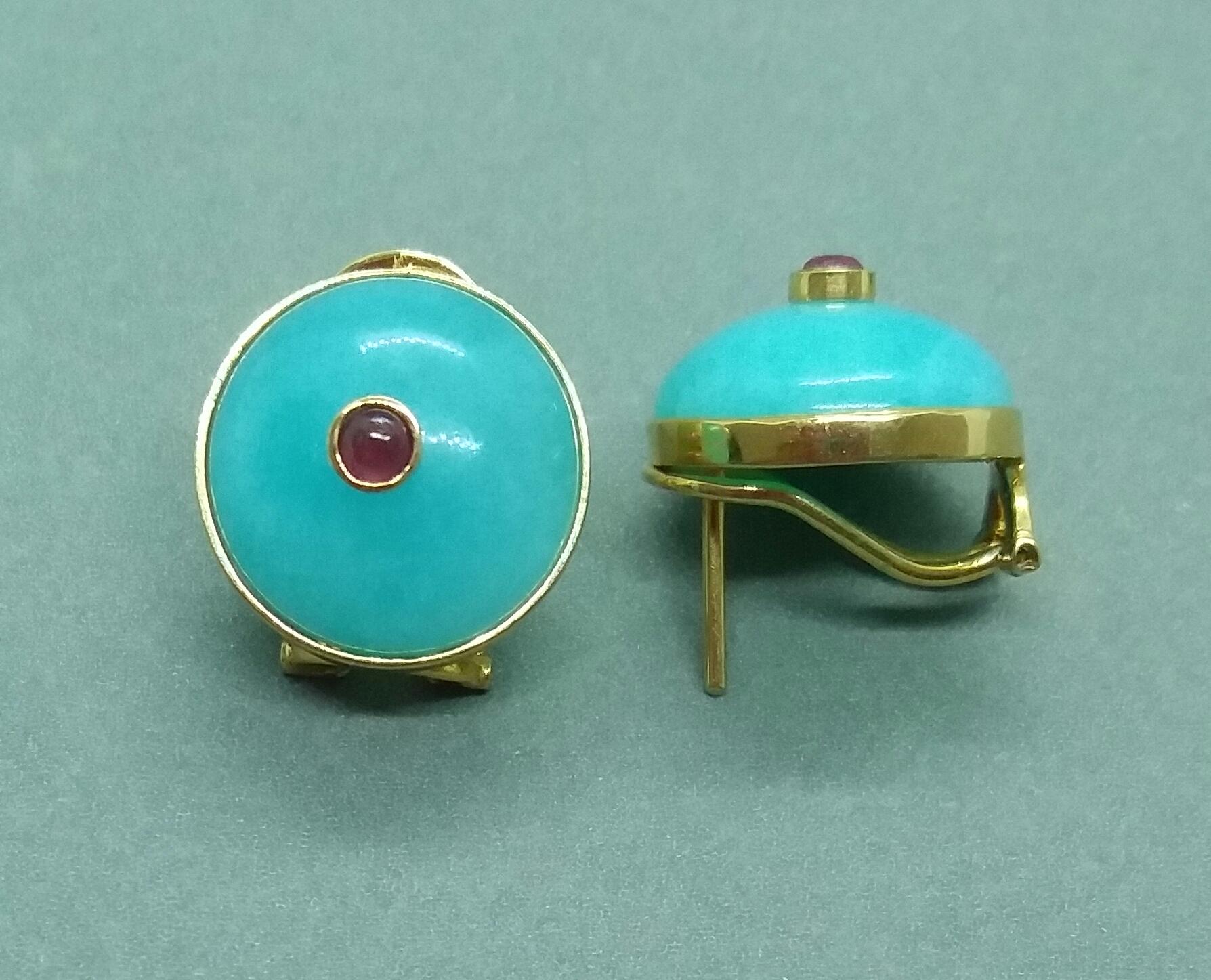 Round Cut Blue Amazonite Round Cab Ruby Round Cab 14 Karat Gold Clip-On Earrings For Sale