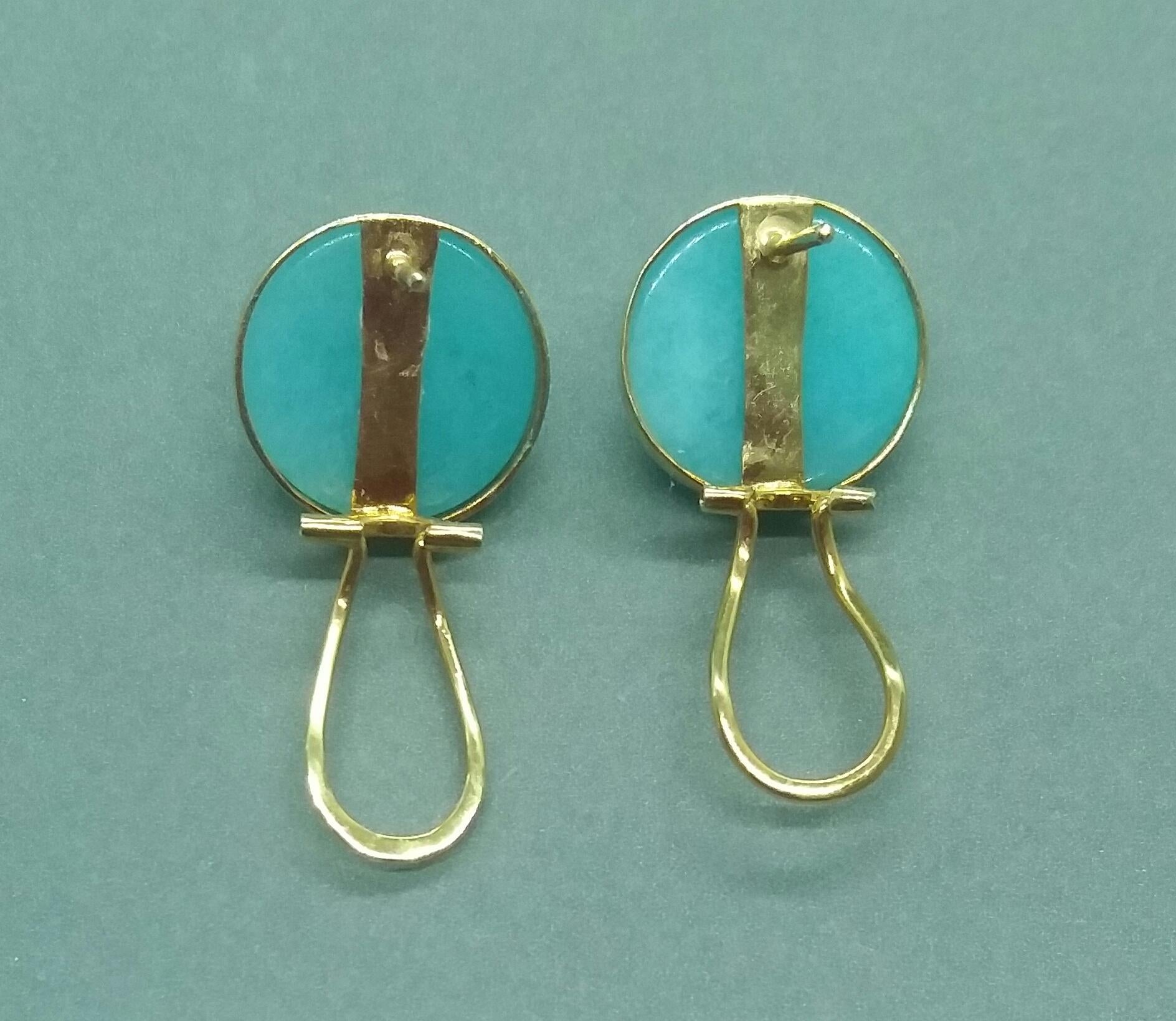 Women's Blue Amazonite Round Cab Ruby Round Cab 14 Karat Gold Clip-On Earrings For Sale
