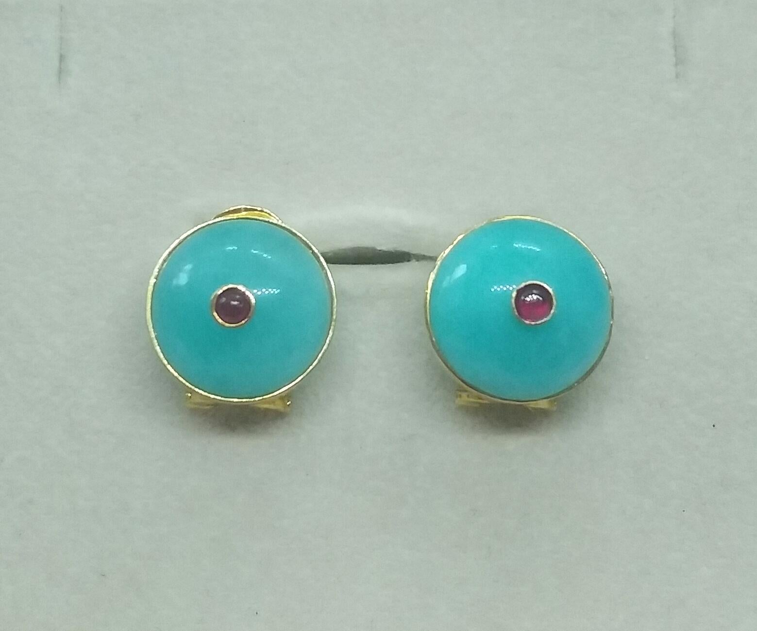 Blue Amazonite Round Cab Ruby Round Cab 14 Karat Gold Clip-On Earrings For Sale 1