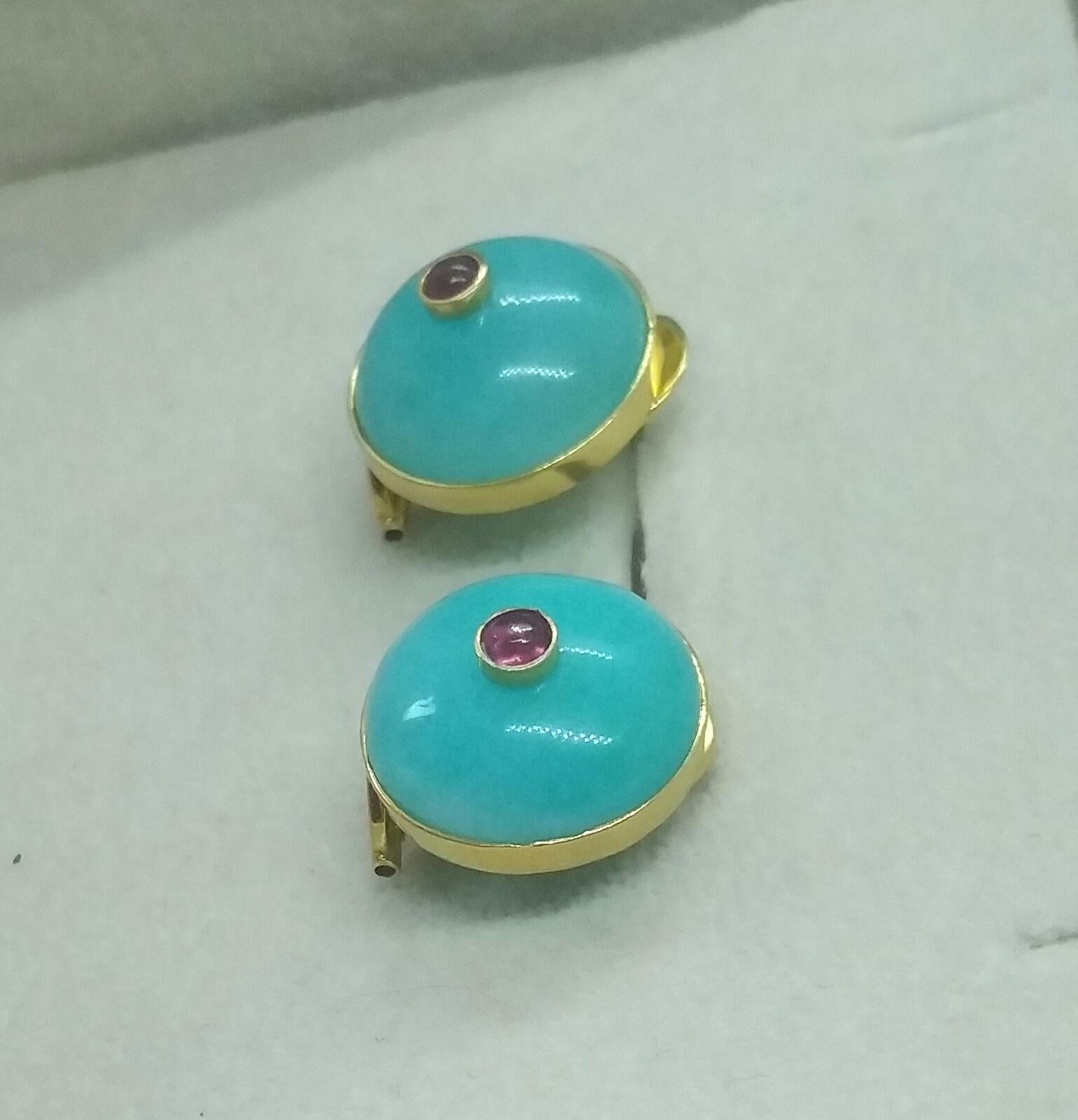 Blue Amazonite Round Cab Ruby Round Cab 14 Karat Gold Clip-On Earrings For Sale 2