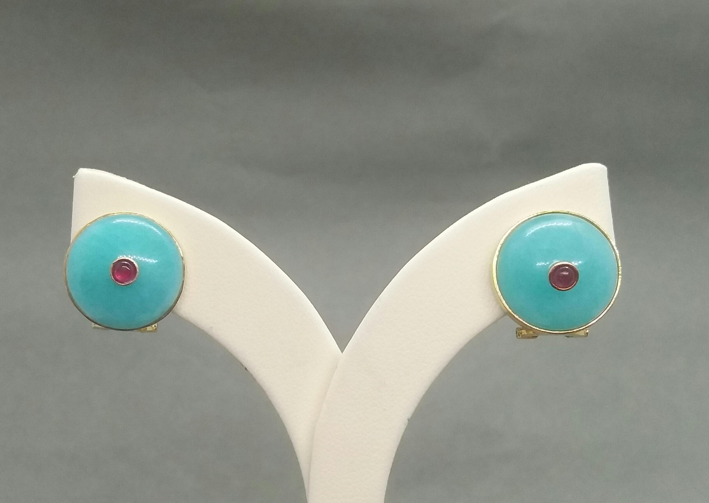 Blue Amazonite Round Cab Ruby Round Cab 14 Karat Gold Clip-On Earrings For Sale 3