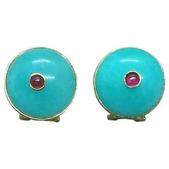 Blue Amazonite Round Cab Ruby Round Cab 14 Karat Gold Clip-On Earrings