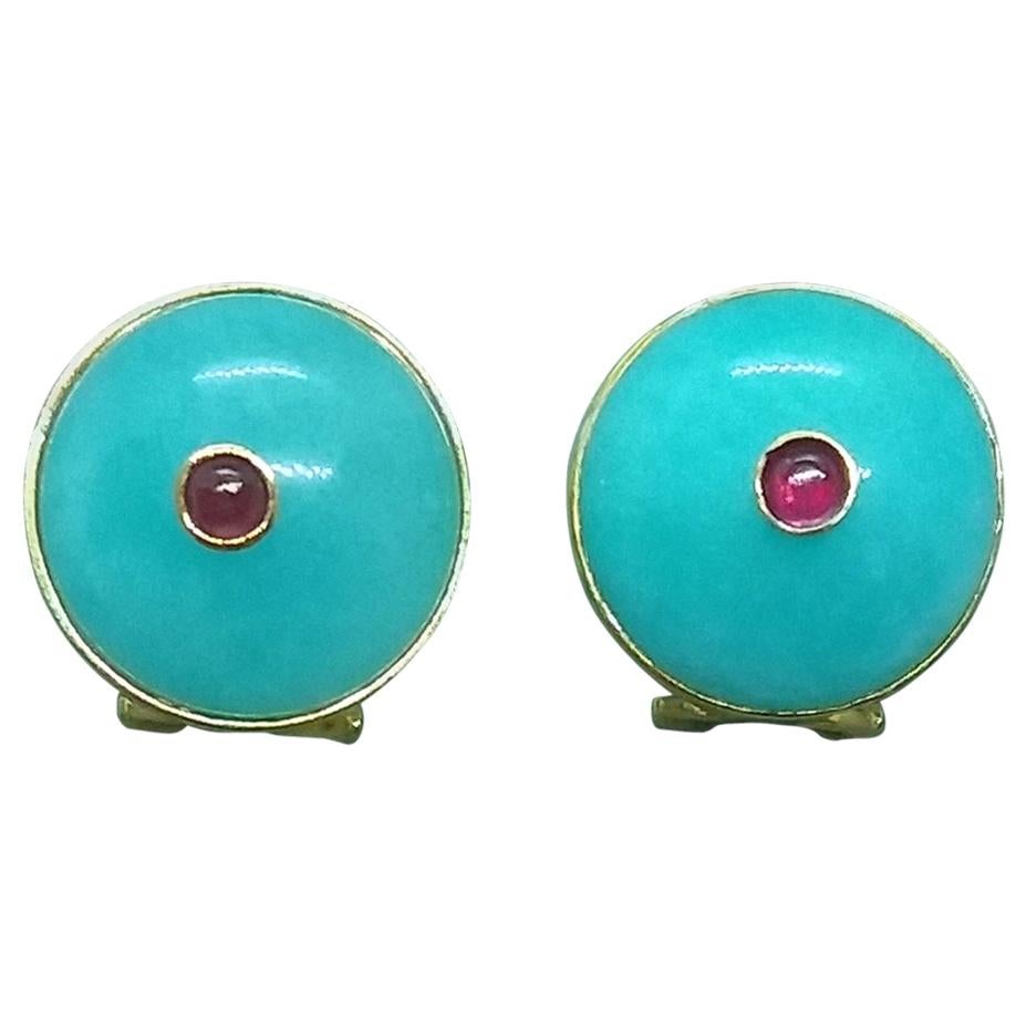 Blue Amazonite Round Cab Ruby Round Cab 14 Karat Gold Clip-On Earrings For Sale