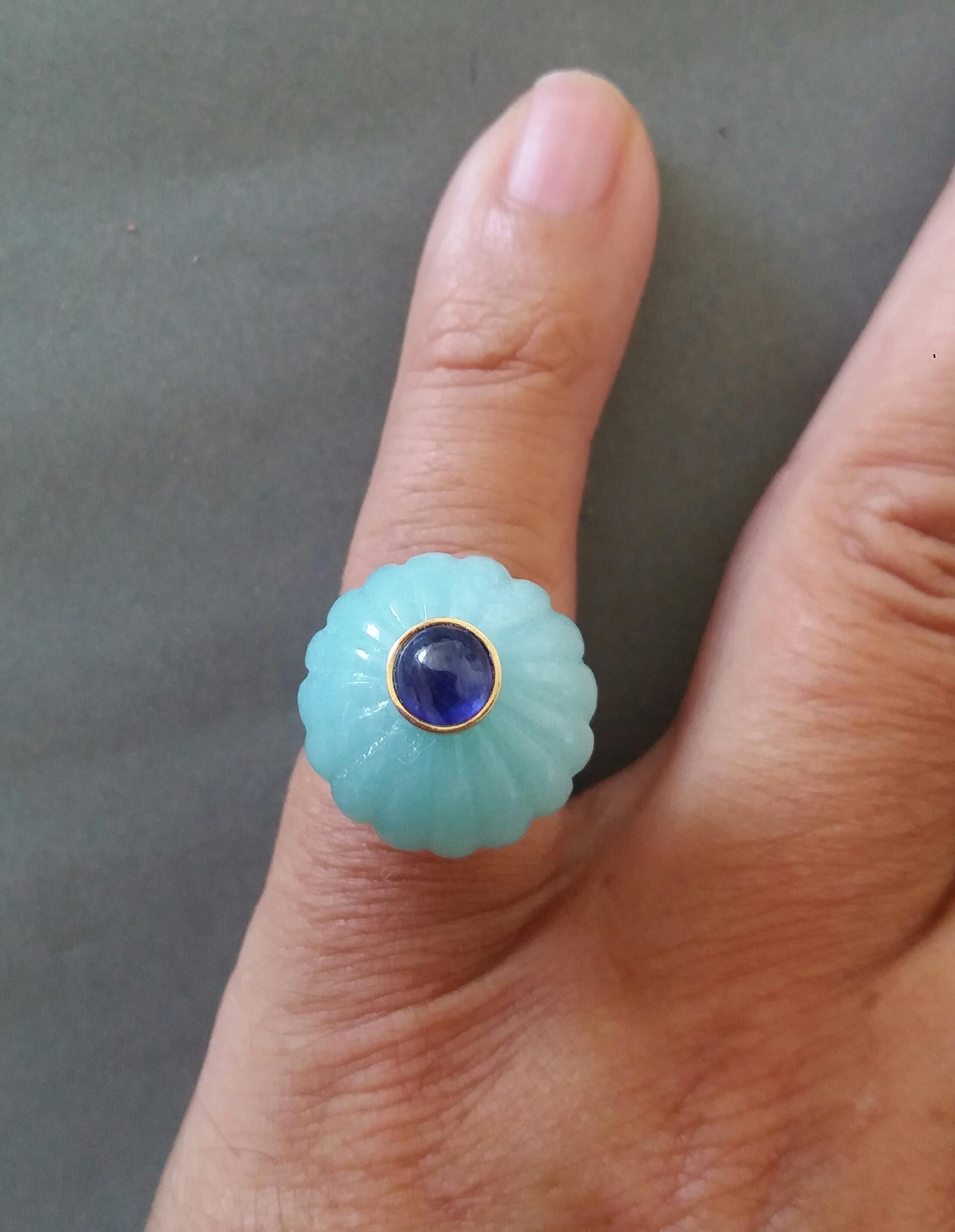 Blue Amazonite Turban Fashion Ring Blue Sapphire Cabochon 14 Karat Yellow Gold For Sale 4