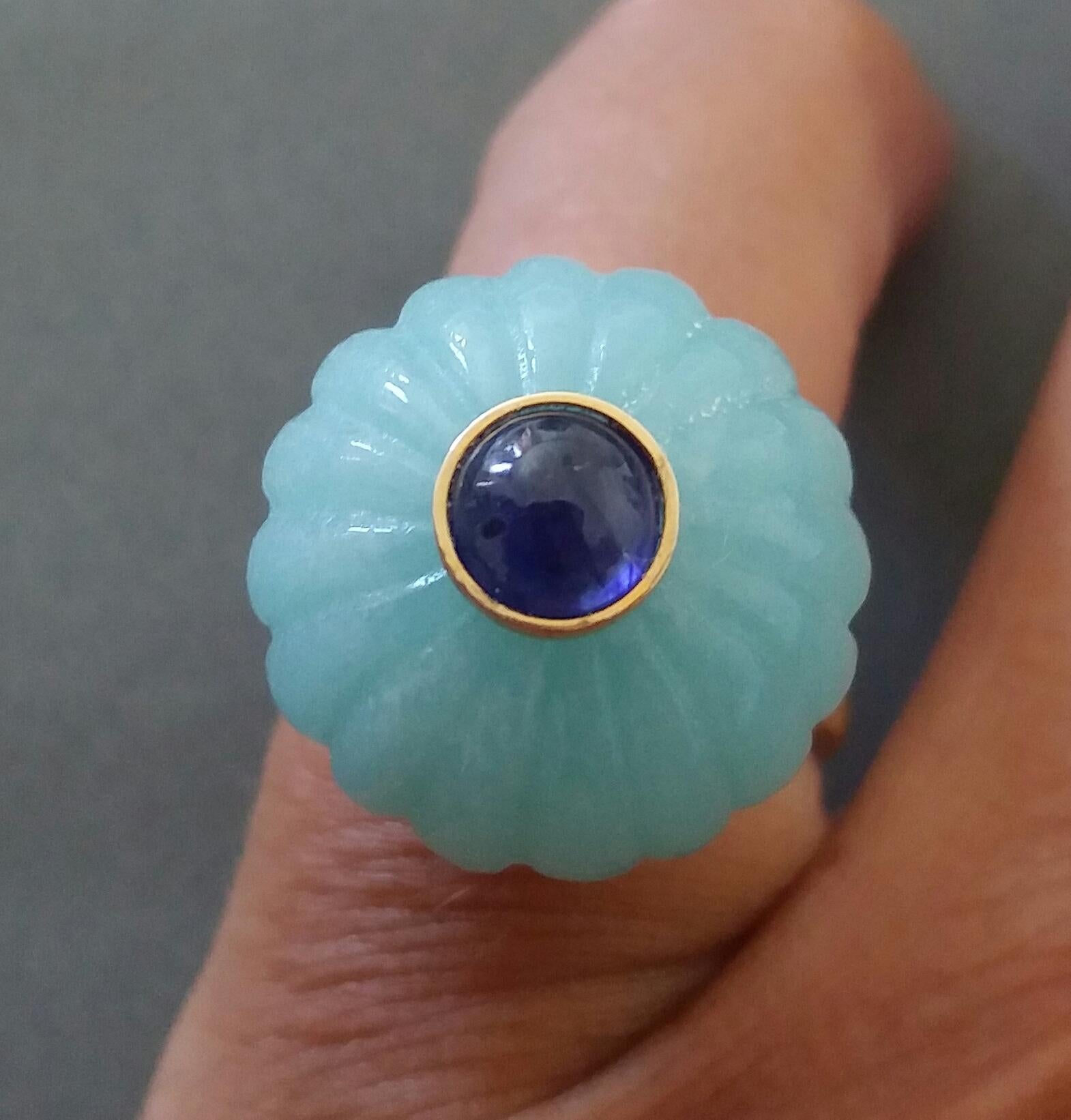Melon cut Blue Amazonite Round Bead of 21 mm. in diameter and 16 mm. thick with in the center a round Blue Sapphire cabochon of 7 mm. in diameter is mounted on top of a 14 Kt. yellow gold shank.
In 1978 our workshop started in Italy to make