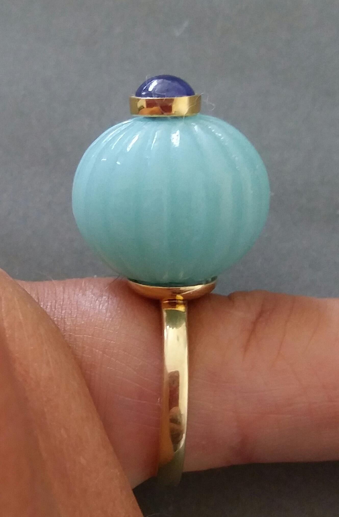 Bead Blue Amazonite Turban Fashion Ring Blue Sapphire Cabochon 14 Karat Yellow Gold For Sale