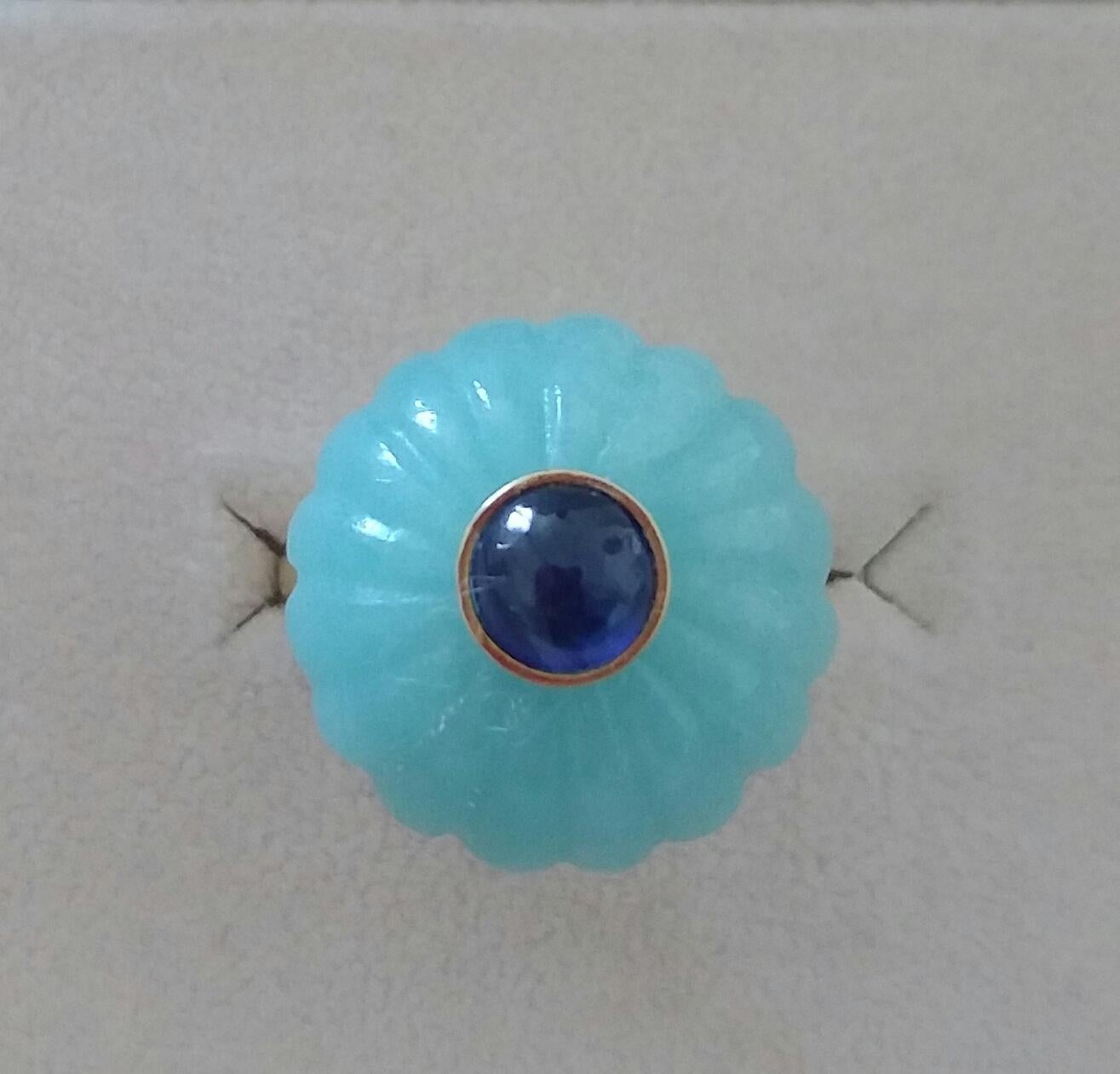 Blue Amazonite Turban Fashion Ring Blue Sapphire Cabochon 14 Karat Yellow Gold In Excellent Condition For Sale In Bangkok, TH