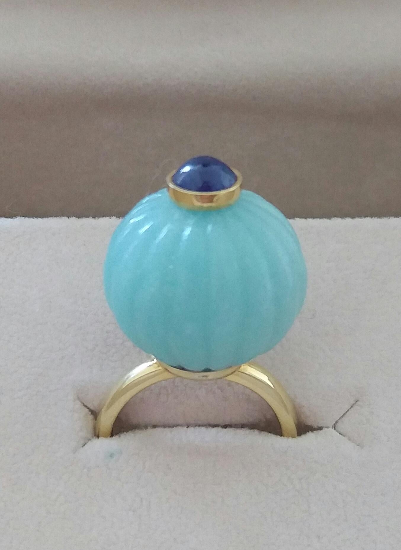 Women's Blue Amazonite Turban Fashion Ring Blue Sapphire Cabochon 14 Karat Yellow Gold For Sale