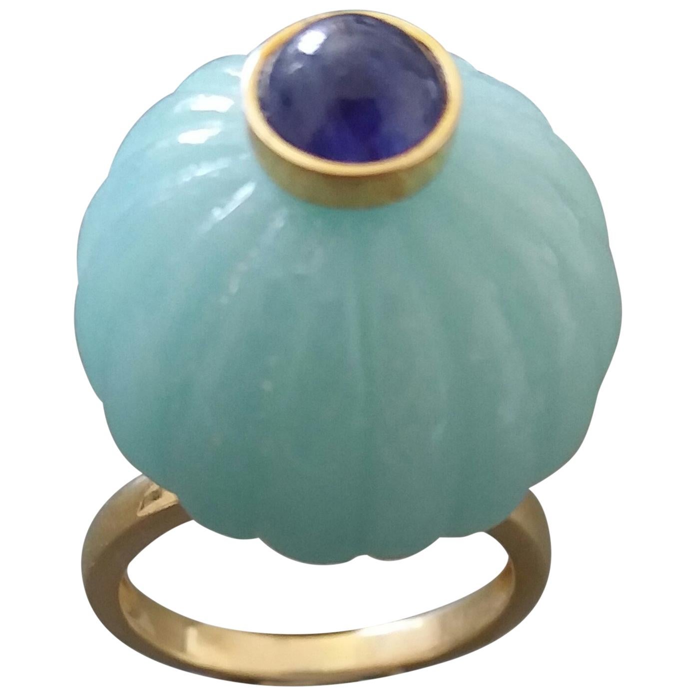 Blue Amazonite Turban Fashion Ring Blue Sapphire Cabochon 14 Karat Yellow Gold For Sale