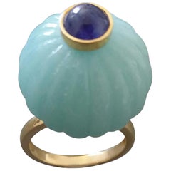 Vintage Blue Amazonite Turban Fashion Ring Blue Sapphire Cabochon 14 Karat Yellow Gold