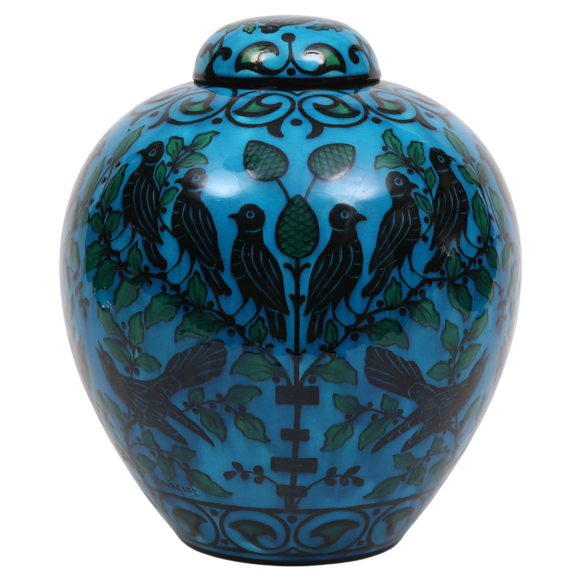Anfora blu con motivo "uccelli", di Paul Milet Pottery