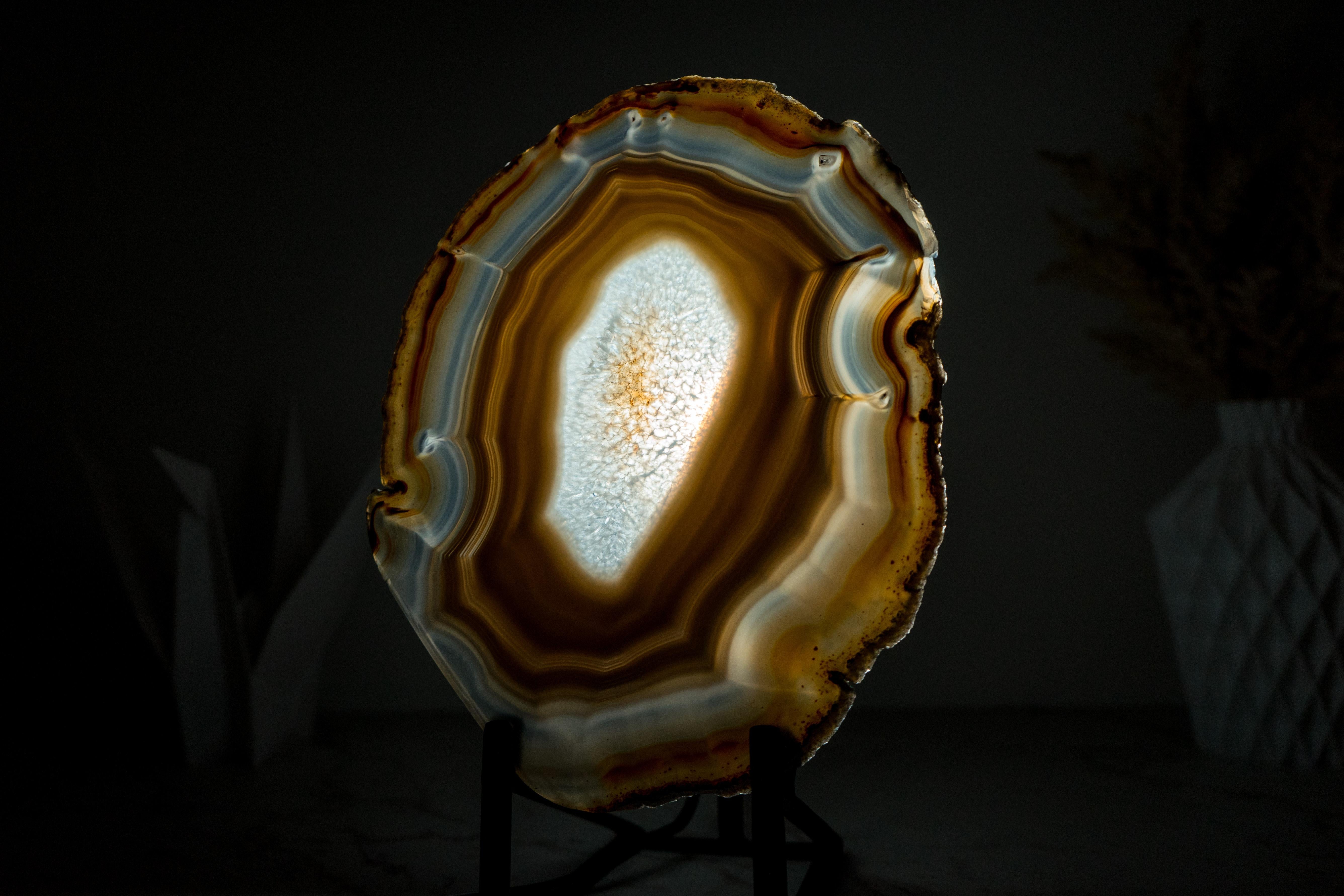 Blue and Amber Agate Slice, Double Sided with Iridescent Effect For Sale 5