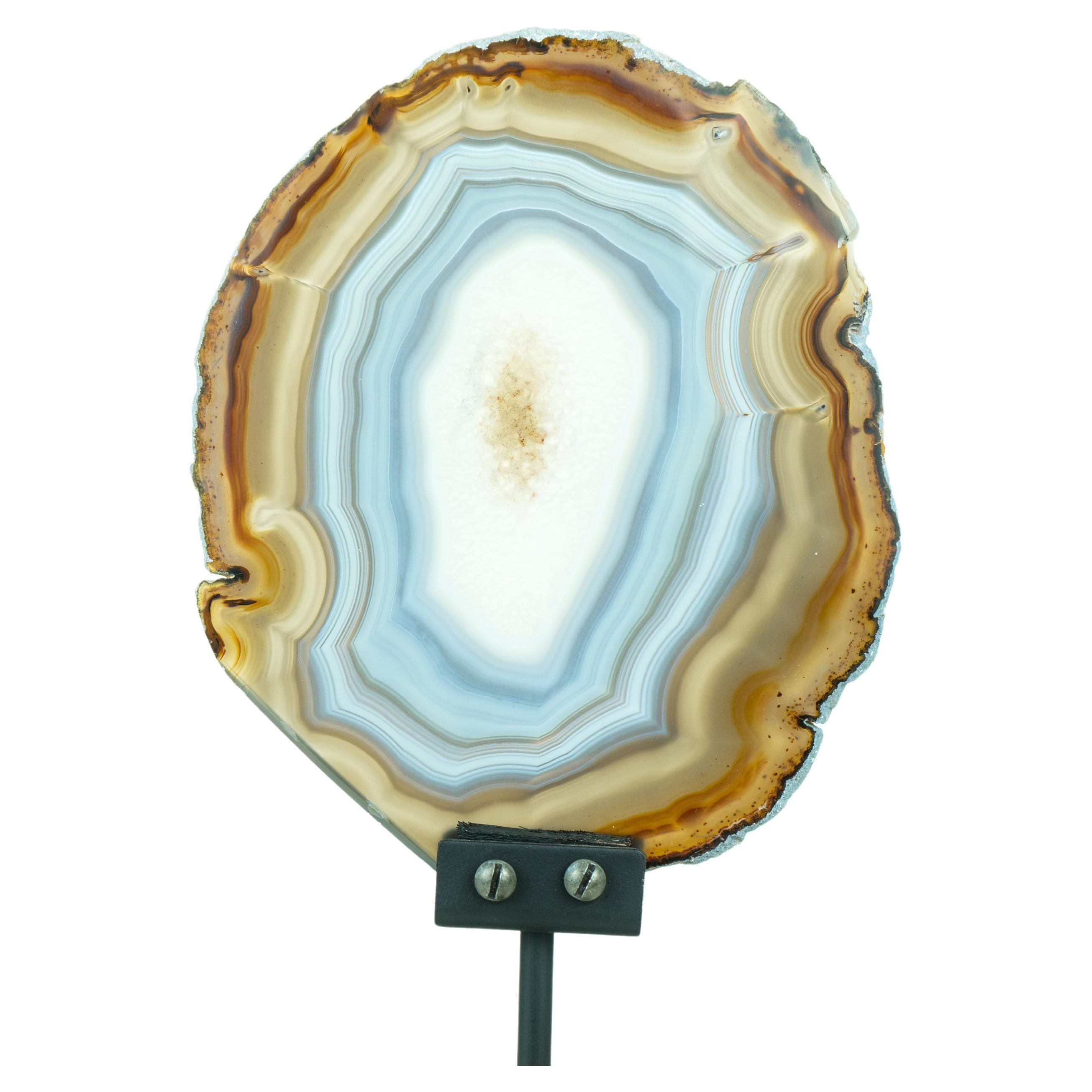A world-class, rare Blue and Amber Agate Slice, showcasing a rare iridescent effect. This exceptional piece showcases a rarely seen color scheme, and iridescent effect, as well as has beautiful aesthetics. It's surely a sophisticated decor item for