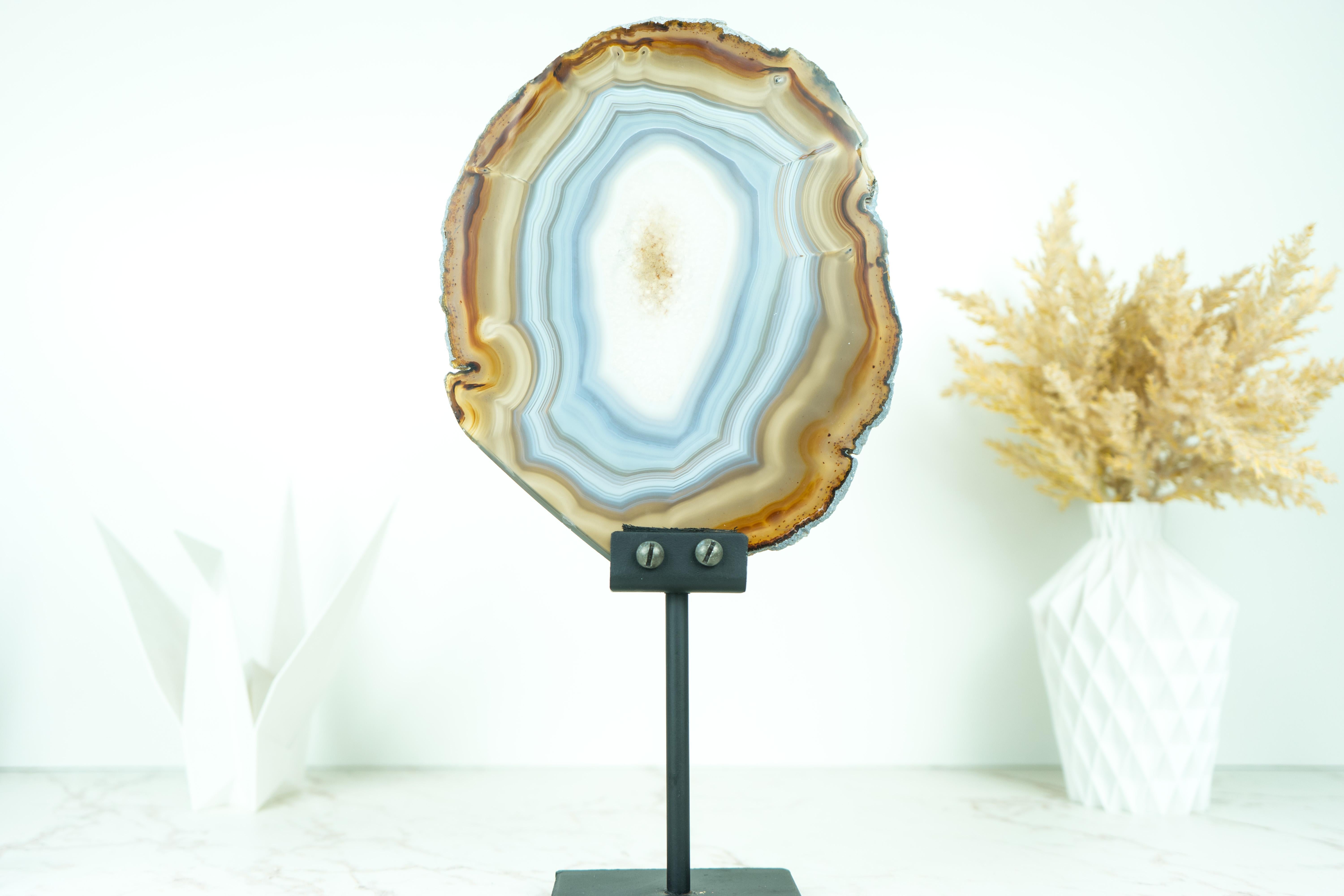 Brazilian Blue and Amber Agate Slice, Double Sided with Iridescent Effect For Sale