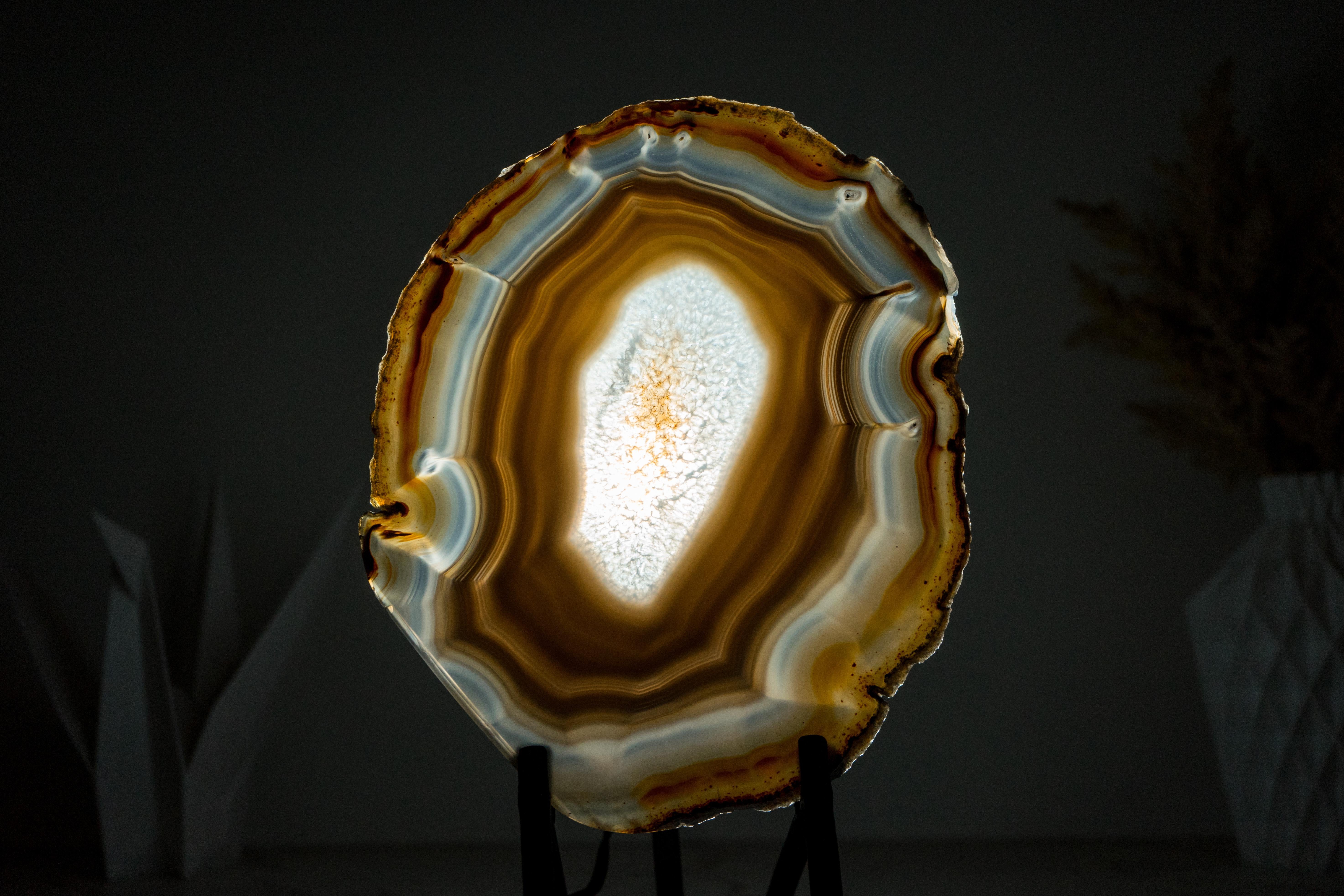 Contemporary Blue and Amber Agate Slice, Double Sided with Iridescent Effect For Sale