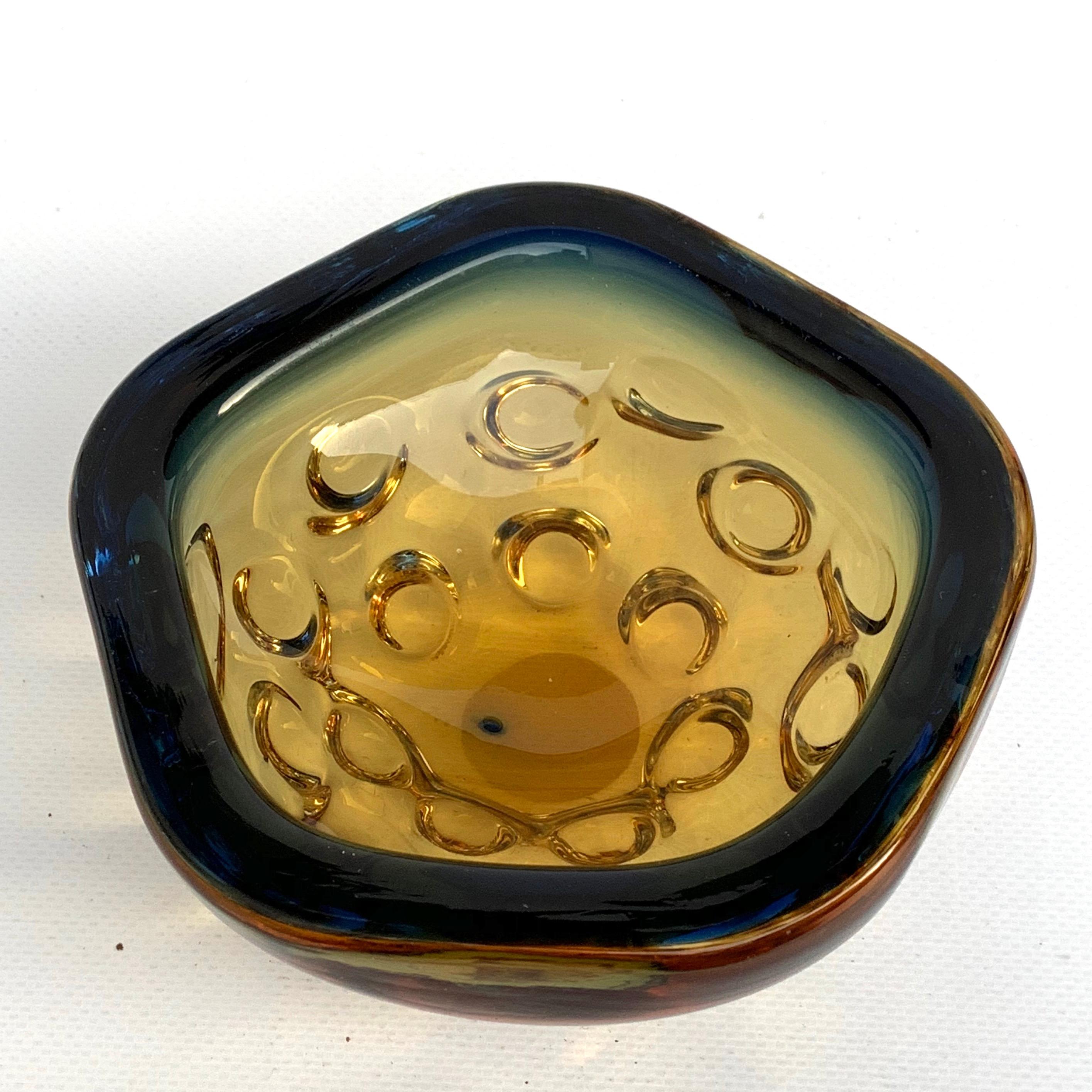Mid-Century Modern Blue and Amber Glass Bowl or Ashtray, Murano Glass Sculpture, Italy, 1960s