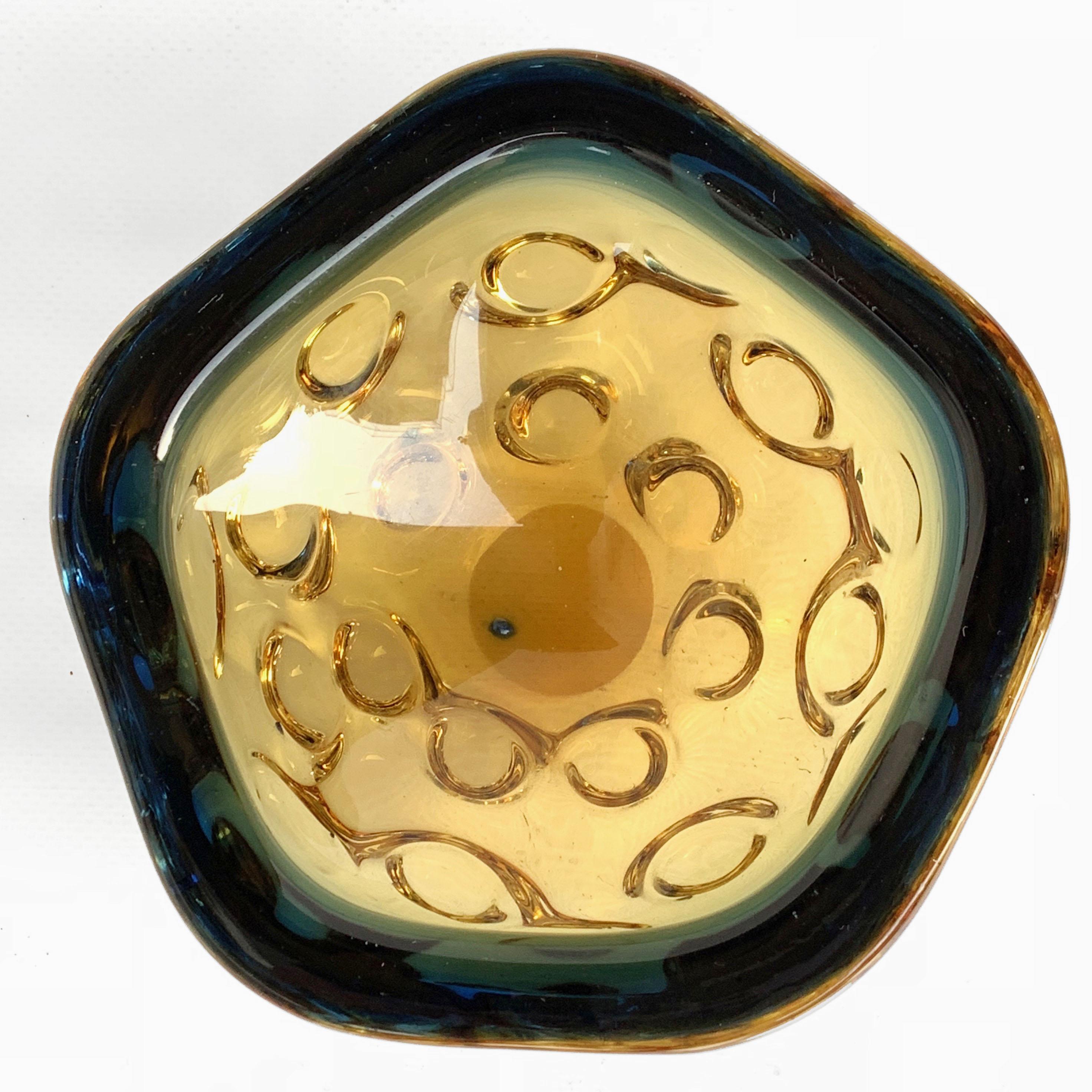 Italian Blue and Amber Glass Bowl or Ashtray, Murano Glass Sculpture, Italy, 1960s