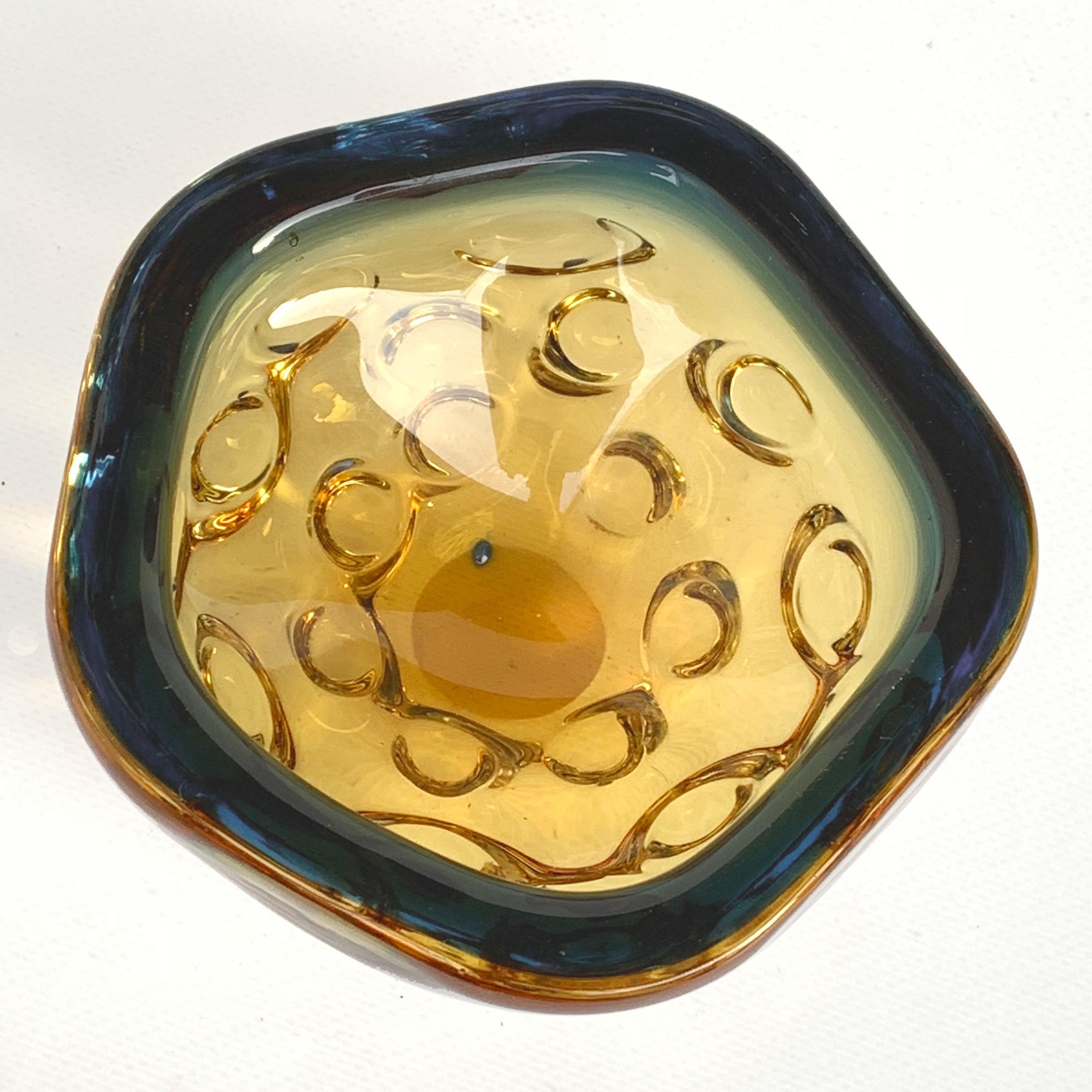 20th Century Blue and Amber Glass Bowl or Ashtray, Murano Glass Sculpture, Italy, 1960s