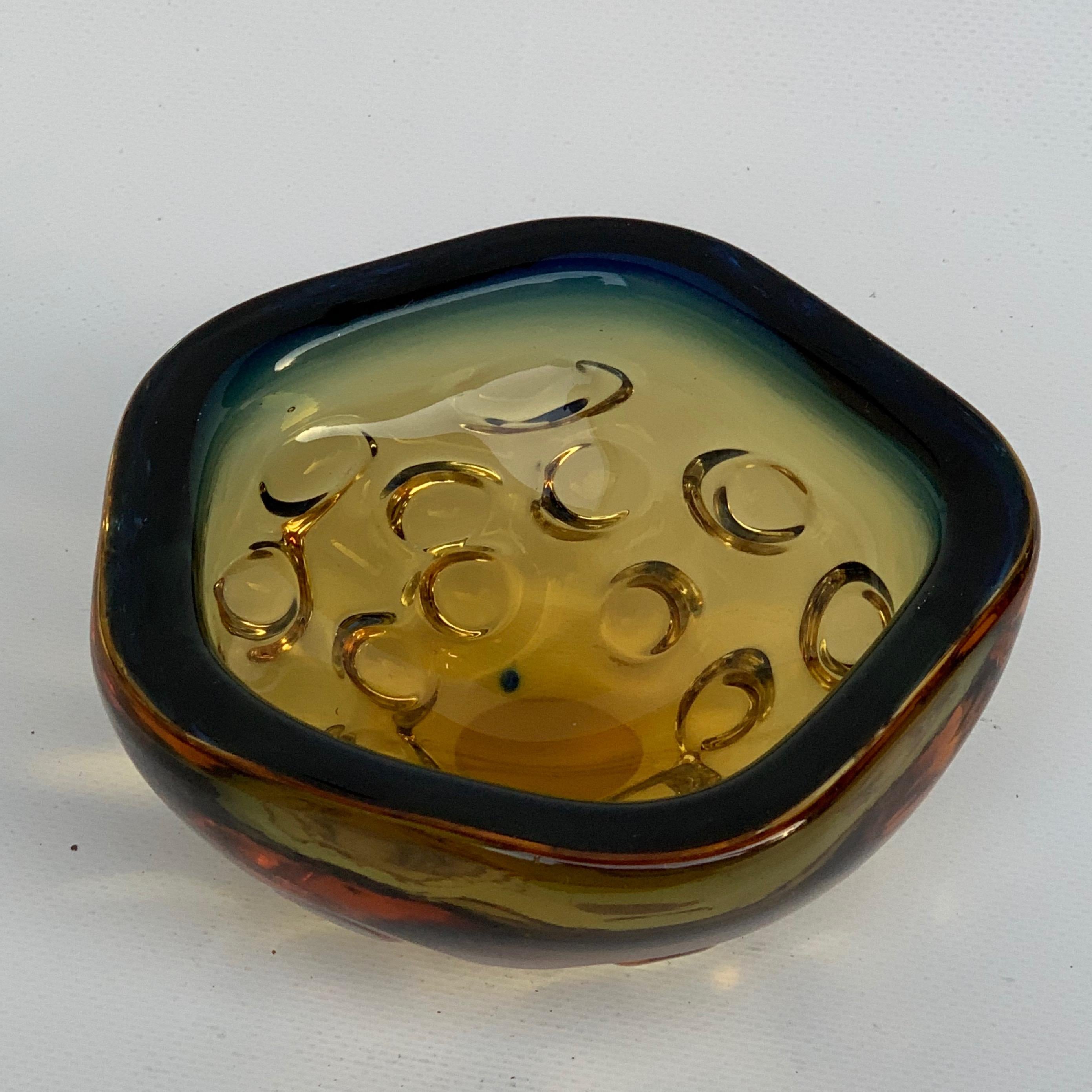 Blue and Amber Glass Bowl or Ashtray, Murano Glass Sculpture, Italy, 1960s 1