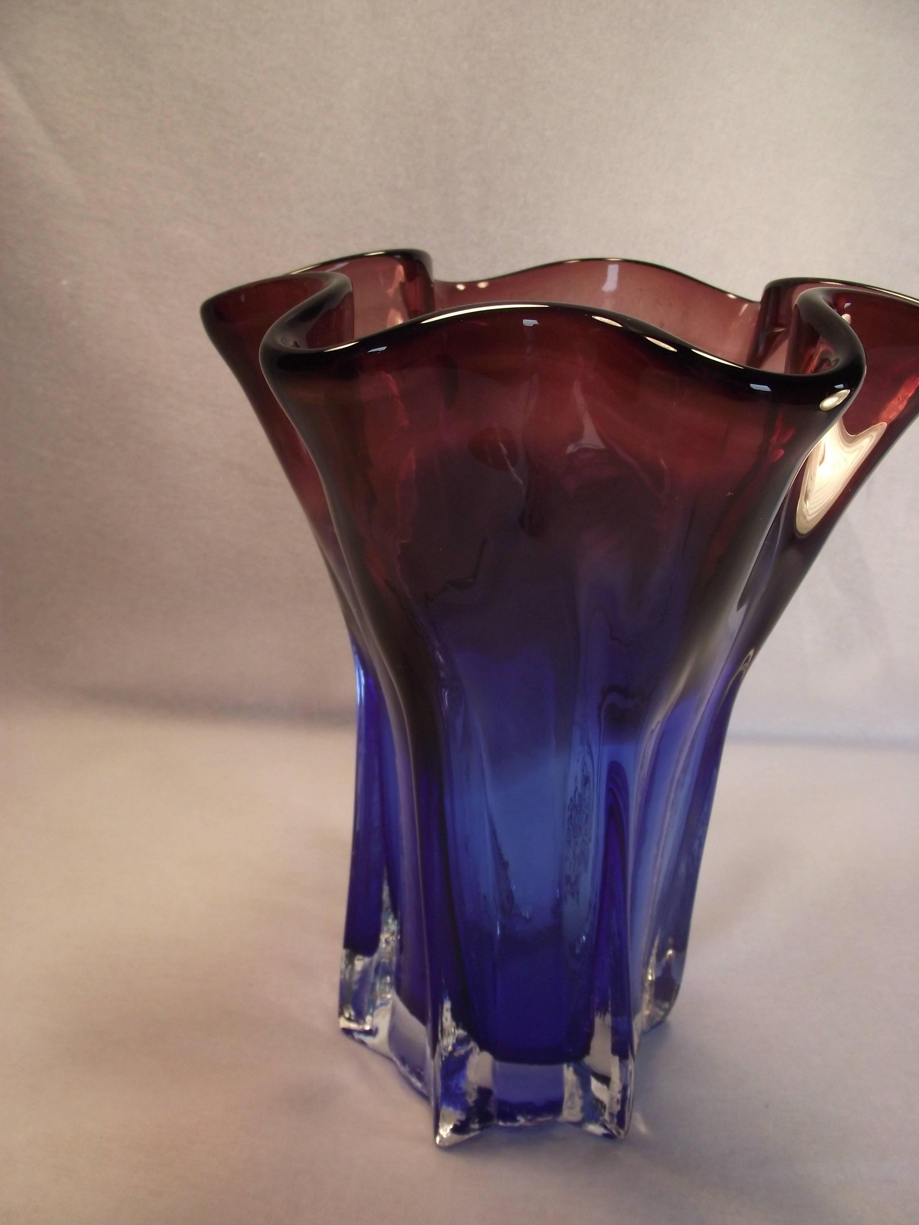 Mid-Century Modern Blue and Amber Murano Art Glass Vase For Sale