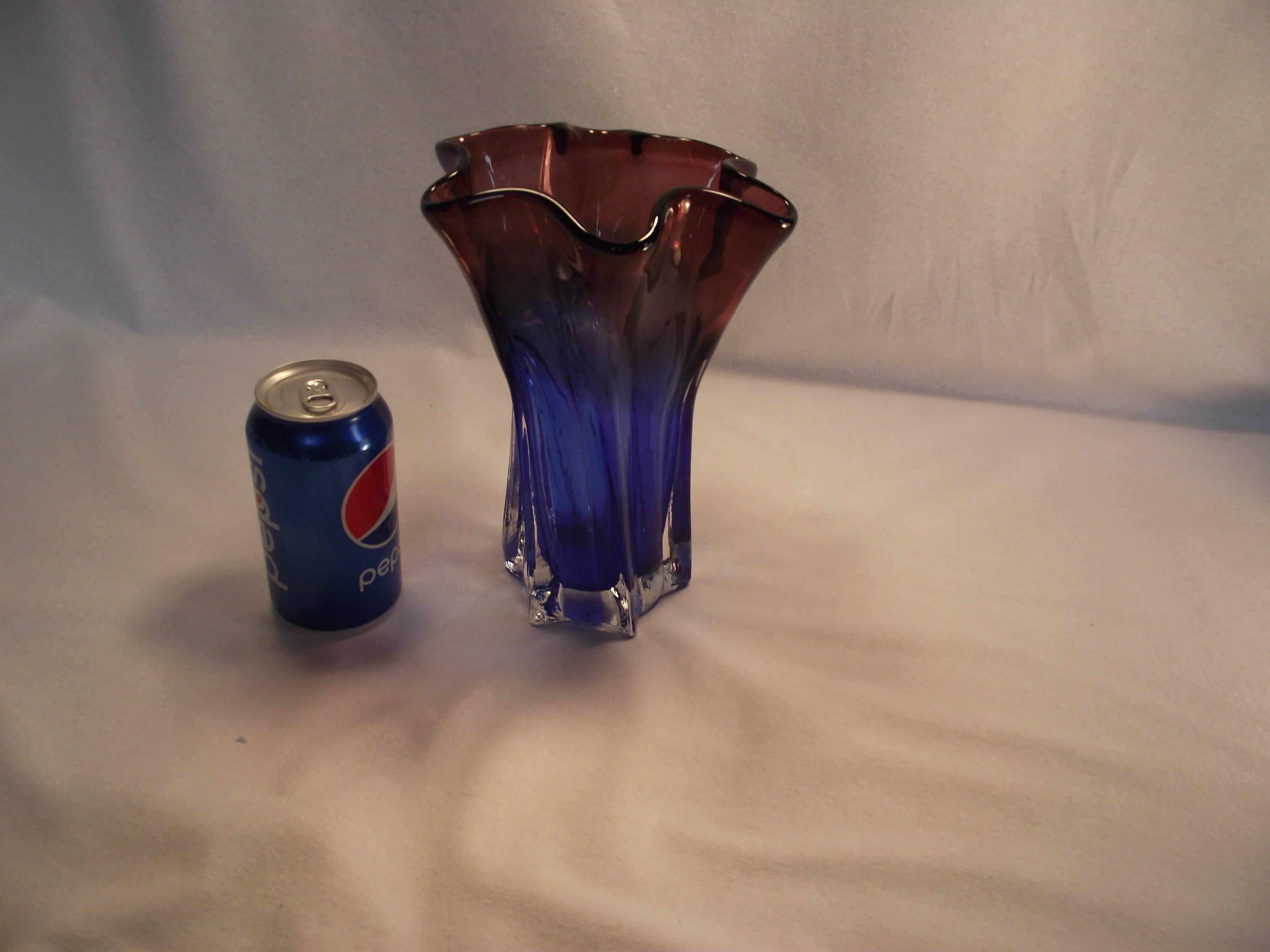 Mid-20th Century Blue and Amber Murano Art Glass Vase For Sale