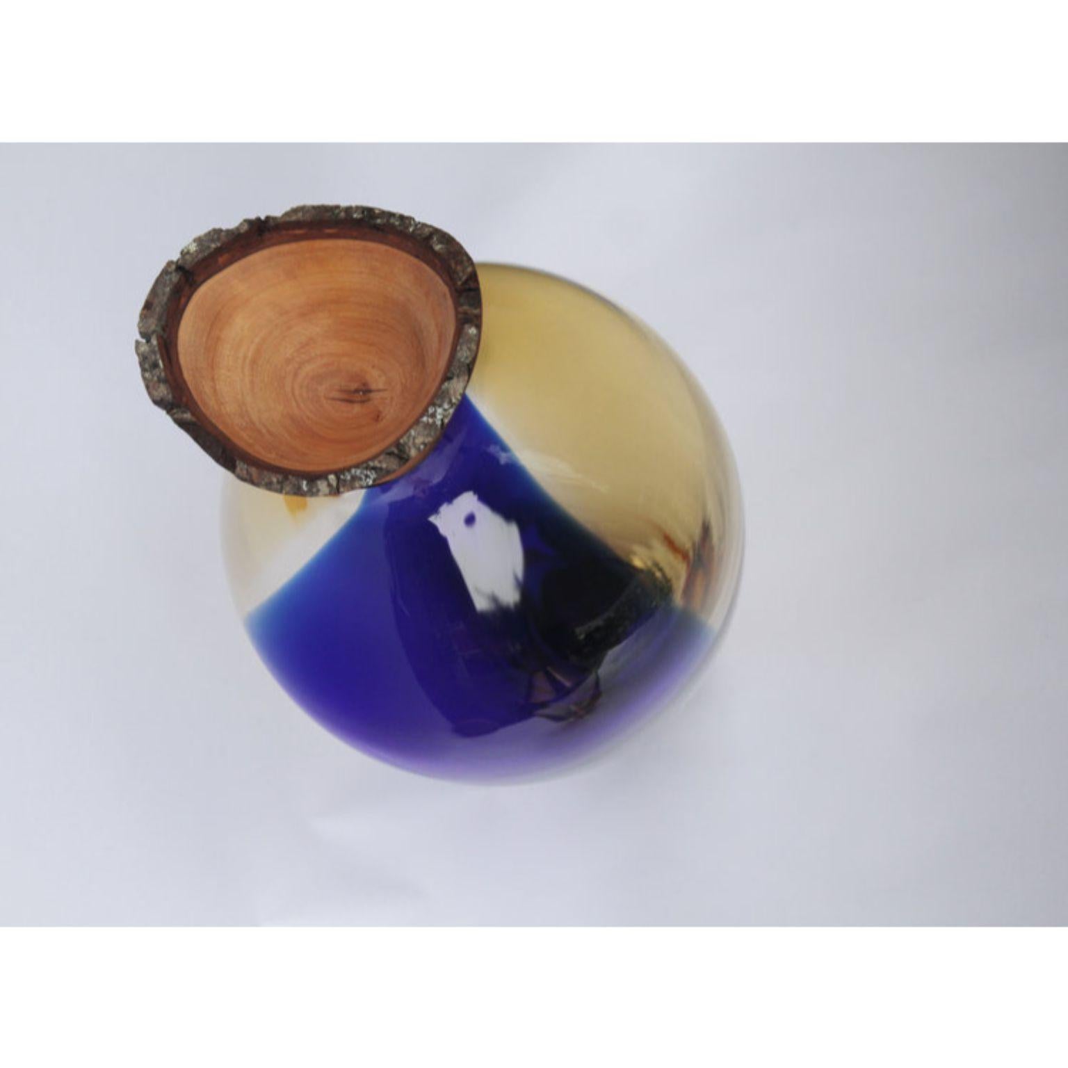 Organic Modern Blue and Amber Sculpted Blown Glass Splash Stacking Vessel, Pia Wüstenberg For Sale