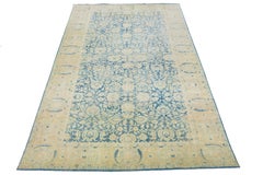 Blu e beige antico  Tappeto Agra in lana fatto a mano con motivo a trifoglio