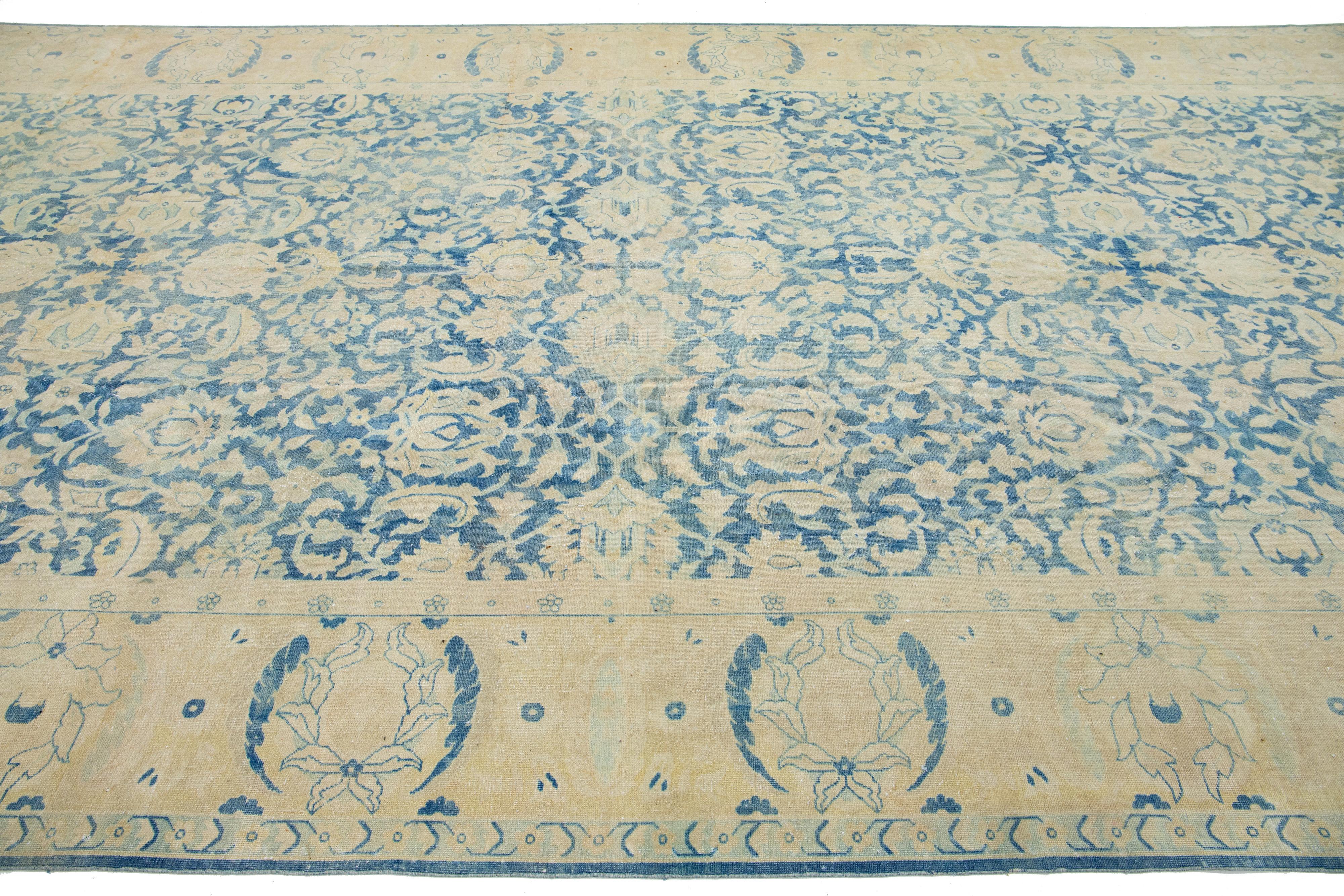 Hand-Knotted Blue and Beige Antique  Agra Handmade Wool Rug with Allover Motif For Sale