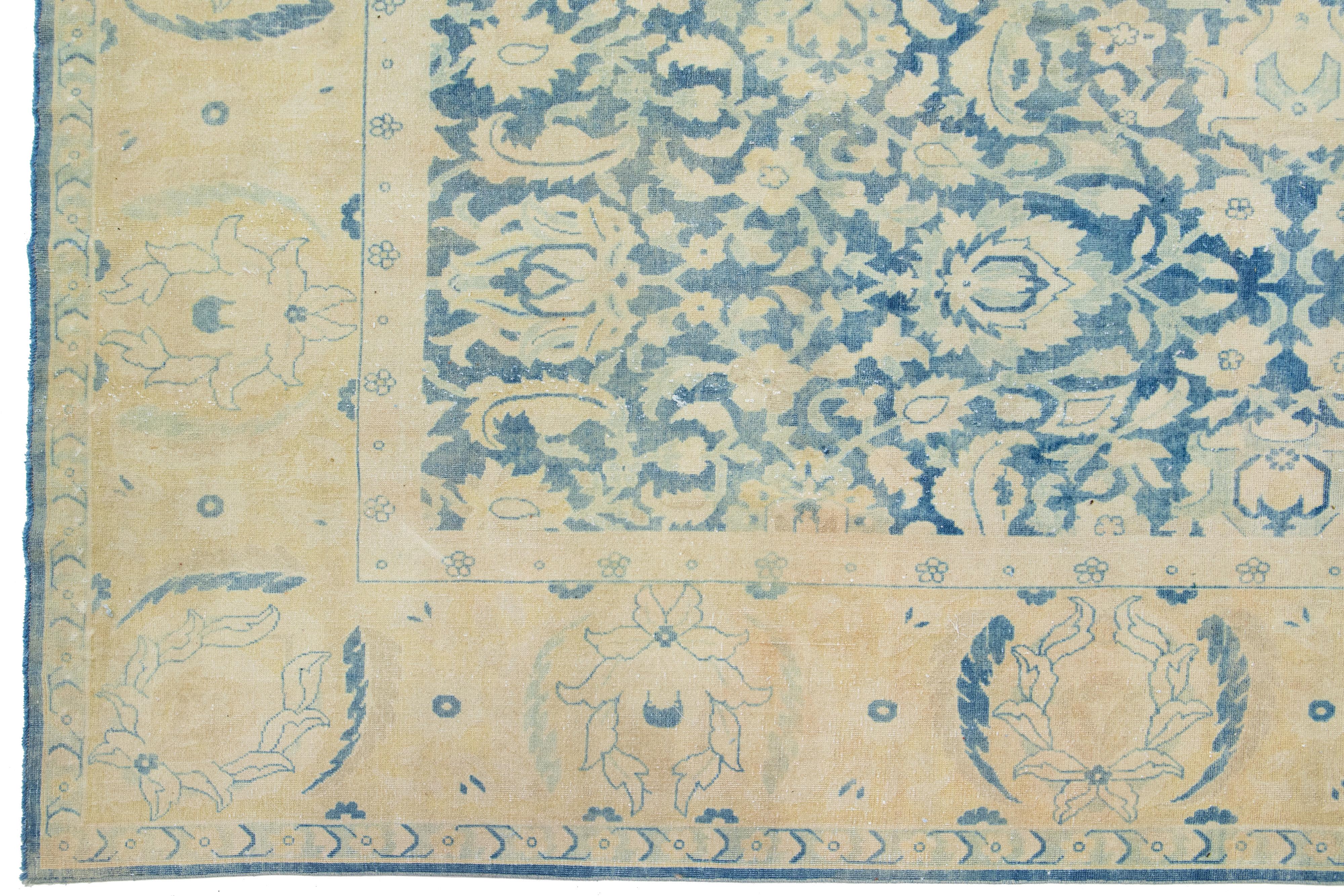 Blue and Beige Antique  Agra Handmade Wool Rug with Allover Motif In Excellent Condition For Sale In Norwalk, CT