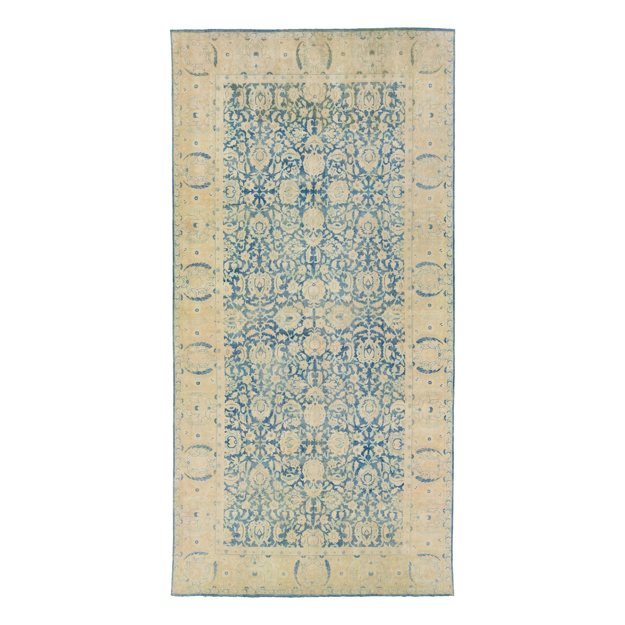 Blu e beige antico  Tappeto Agra in lana fatto a mano con motivo a trifoglio