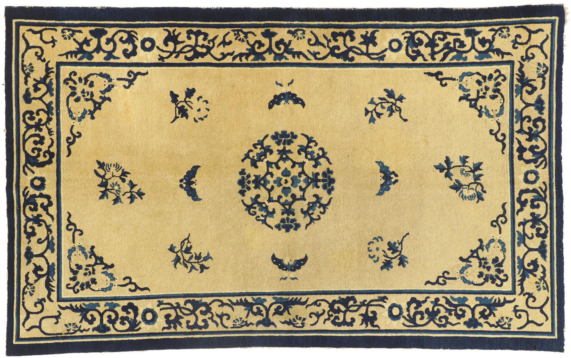 Blue and Beige Antique Chinese Peking Chinoiserie Rug For Sale 2