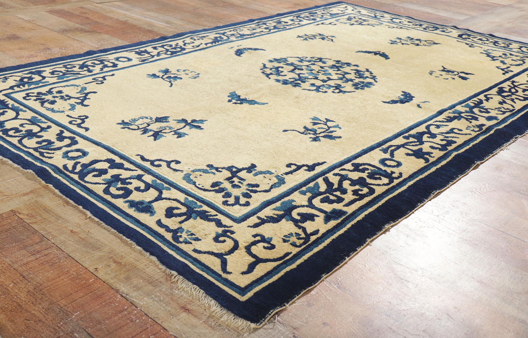 20th Century Blue and Beige Antique Chinese Peking Chinoiserie Rug For Sale