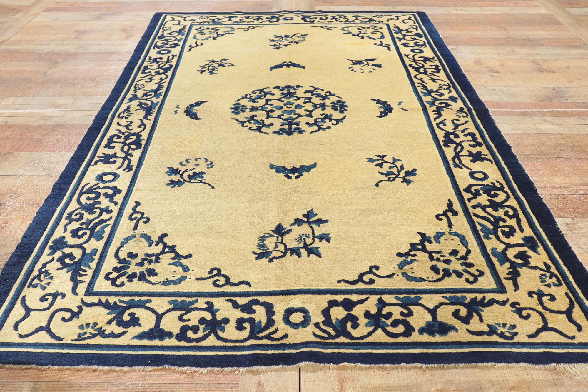 Wool Blue and Beige Antique Chinese Peking Chinoiserie Rug For Sale