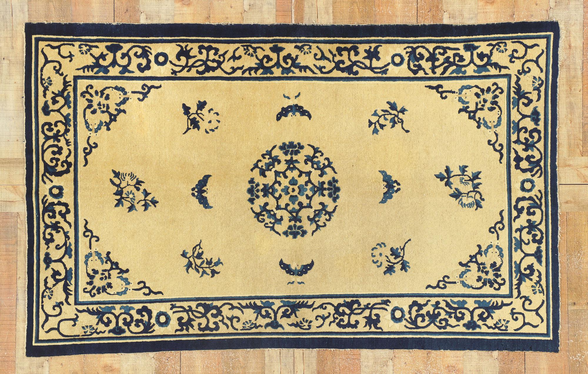 Blue and Beige Antique Chinese Peking Chinoiserie Rug For Sale 1