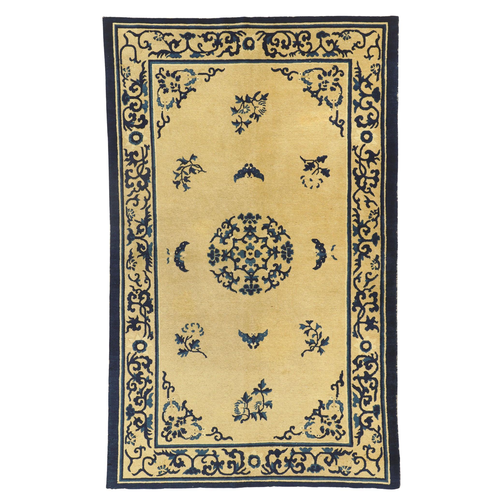 Blue and Beige Antique Chinese Peking Chinoiserie Rug For Sale