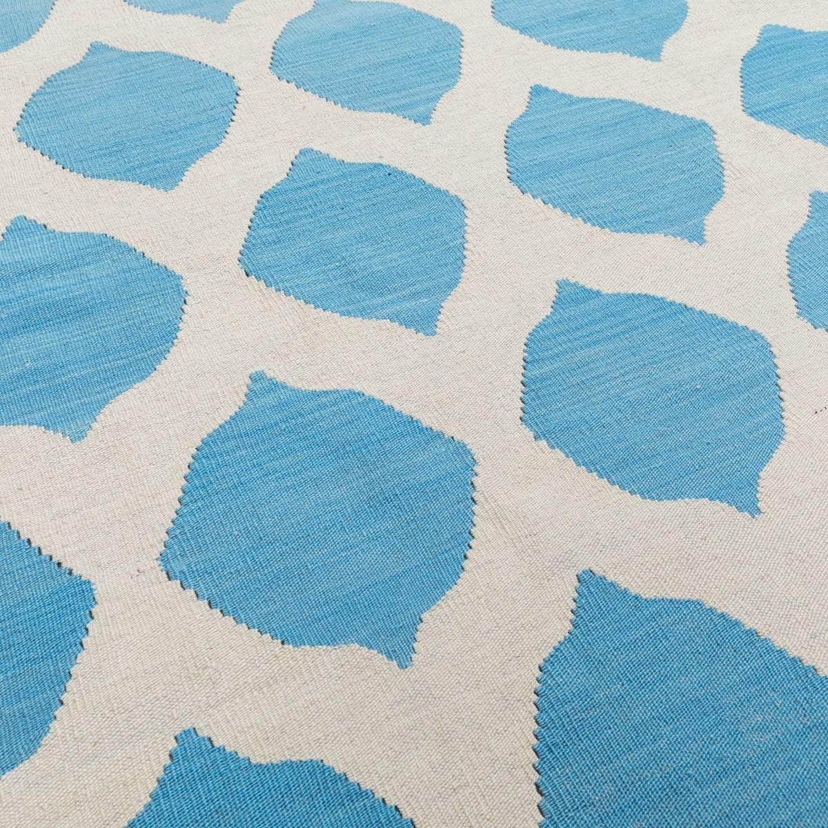Afghan Blue and Beige Handmade Flat-Weave Kilim. 2.85 x 2.65 m For Sale