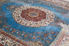Blue and Beige Handmade Silk Distressed Anatolian Hereke Rug