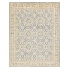 Tapis en laine bleu et beige, fait main, de style Oushak, à motifs géométriques