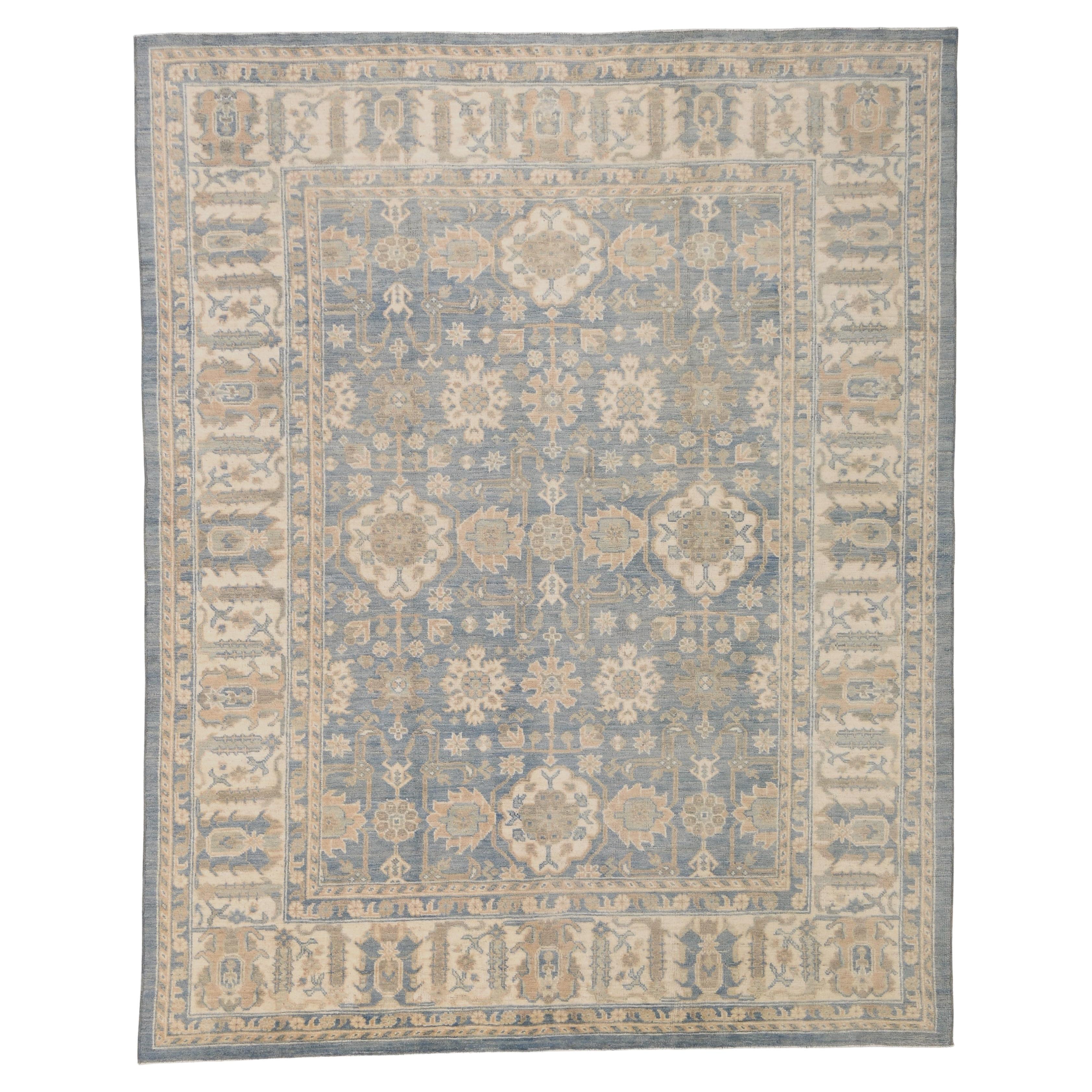 Blue and Beige Oushak Wool Rug 9'4''x11'9'' Circa 2020