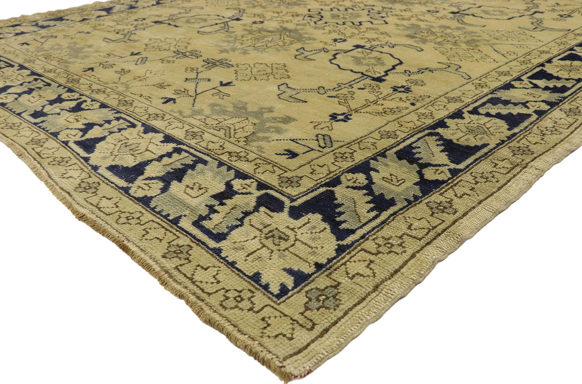 51403 Blue and beige vintage Turkish Oushak rug with Chinoiserie style. Embodying European sensibility with an artful balance between warm and inviting, this hand-knotted vintage Turkish Oushak rug recalls the surface designs of Fine China, blue and