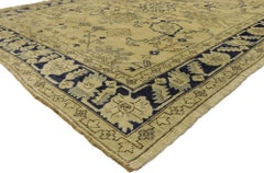 Blue and Beige Vintage Turkish Oushak Rug with Chinoiserie Style