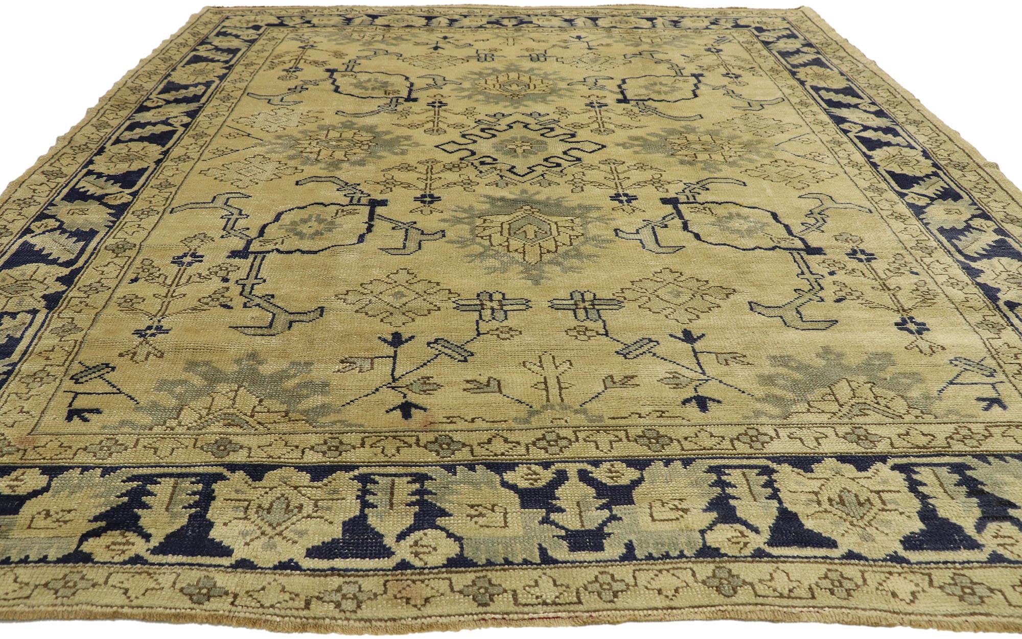 Hand-Knotted Blue and Beige Vintage Turkish Oushak Rug with Chinoiserie Style For Sale