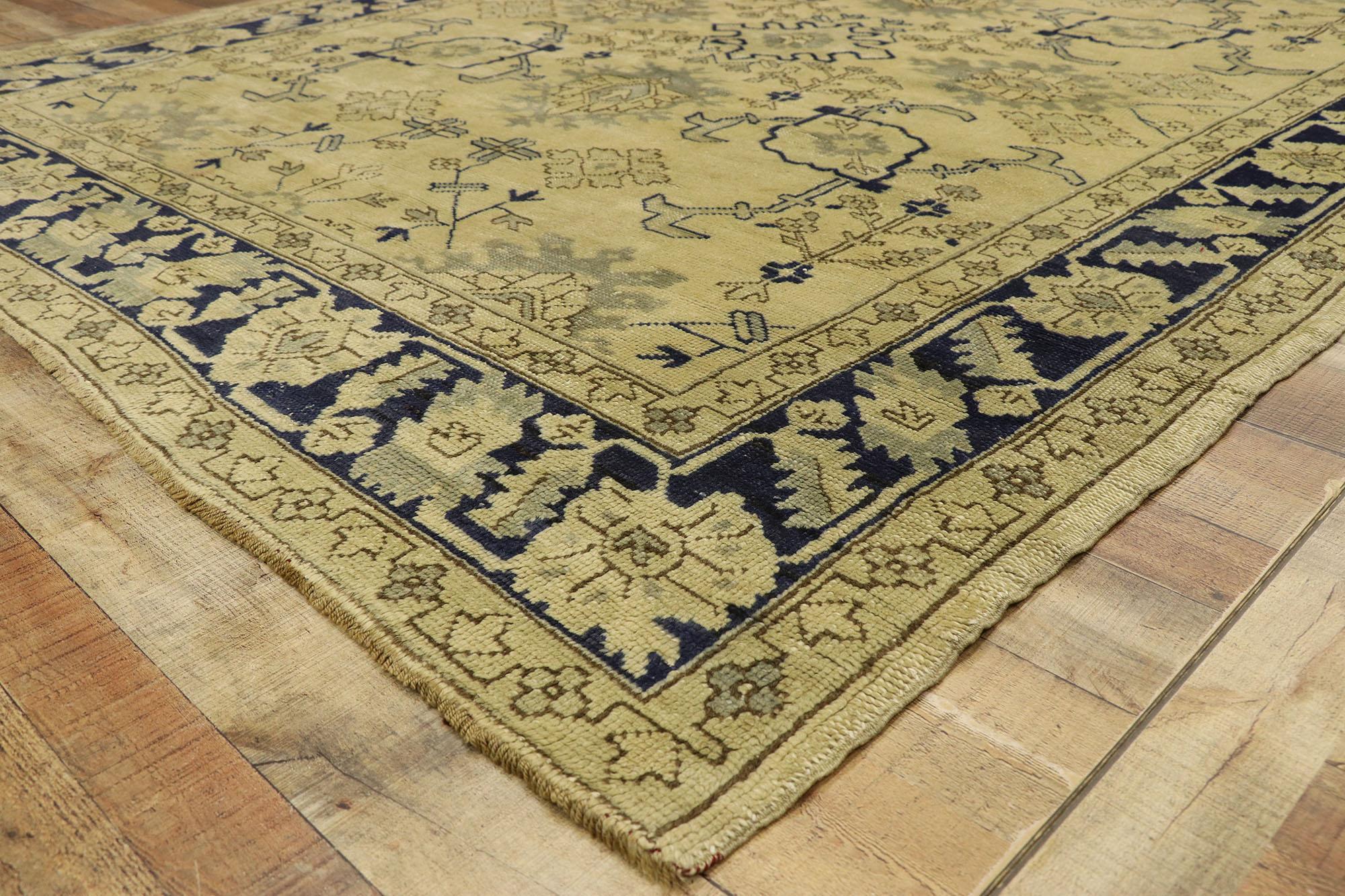 Wool Blue and Beige Vintage Turkish Oushak Rug with Chinoiserie Style For Sale