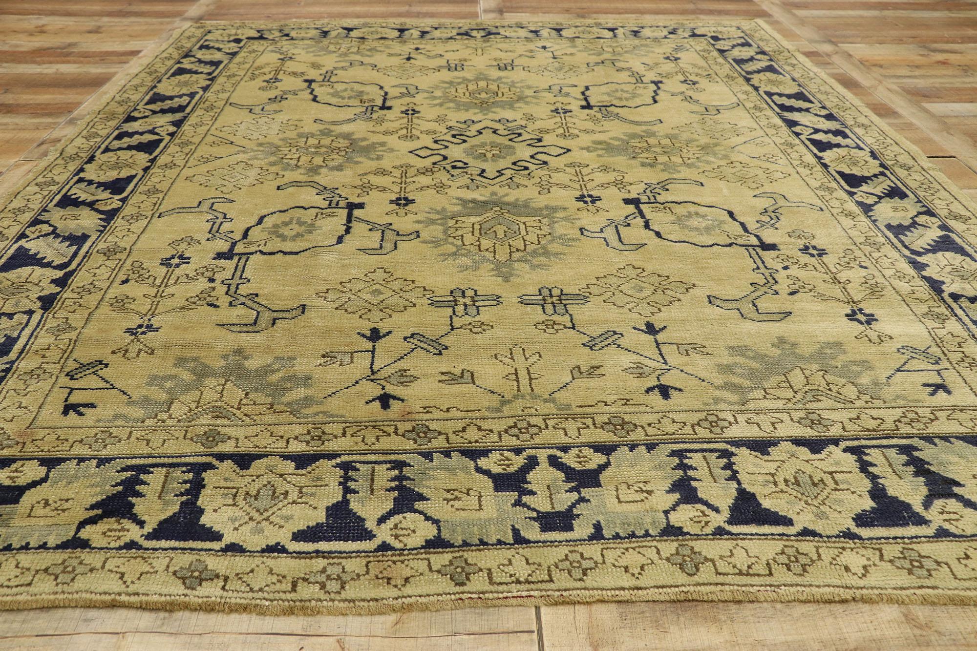 Blue and Beige Vintage Turkish Oushak Rug with Chinoiserie Style For Sale 1