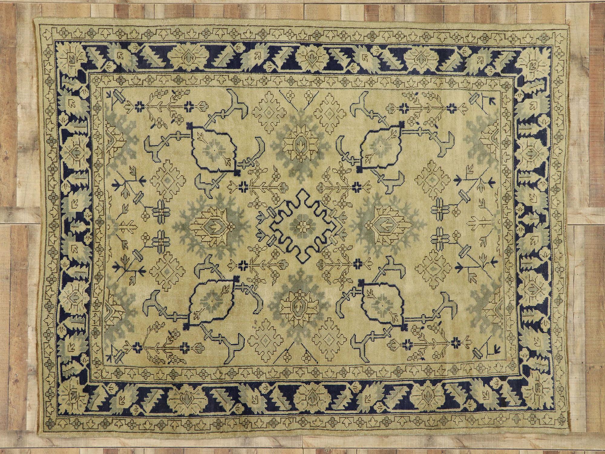 Blue and Beige Vintage Turkish Oushak Rug with Chinoiserie Style For Sale 2