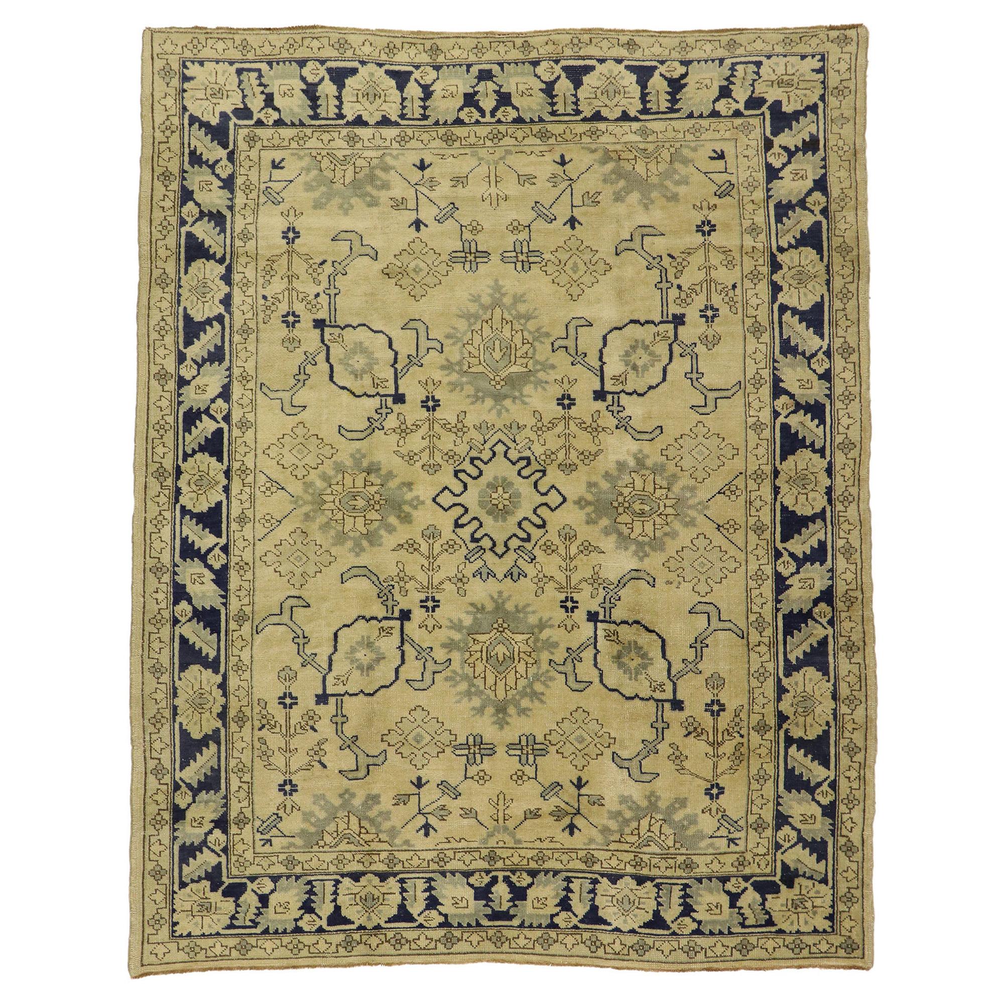 Blue and Beige Vintage Turkish Oushak Rug with Chinoiserie Style For Sale